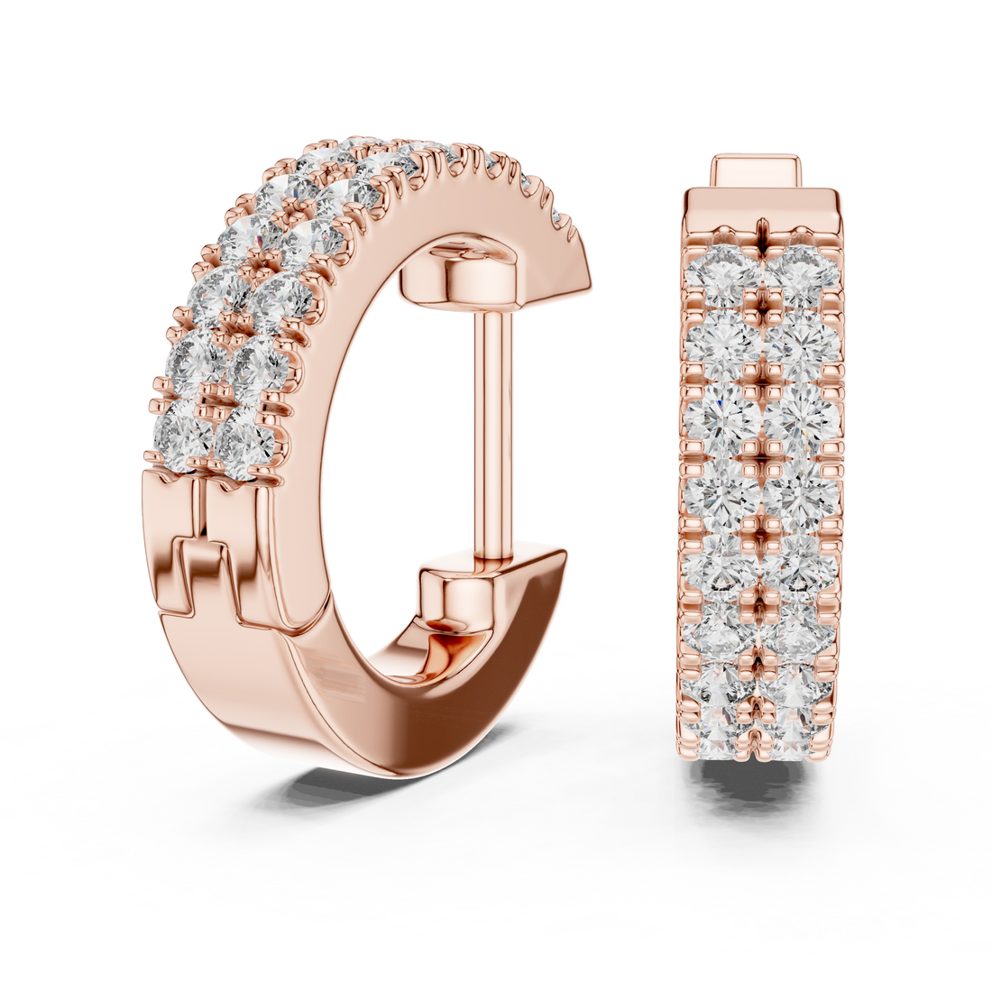 Double Row Round Diamond Huggie Hoop Earrings