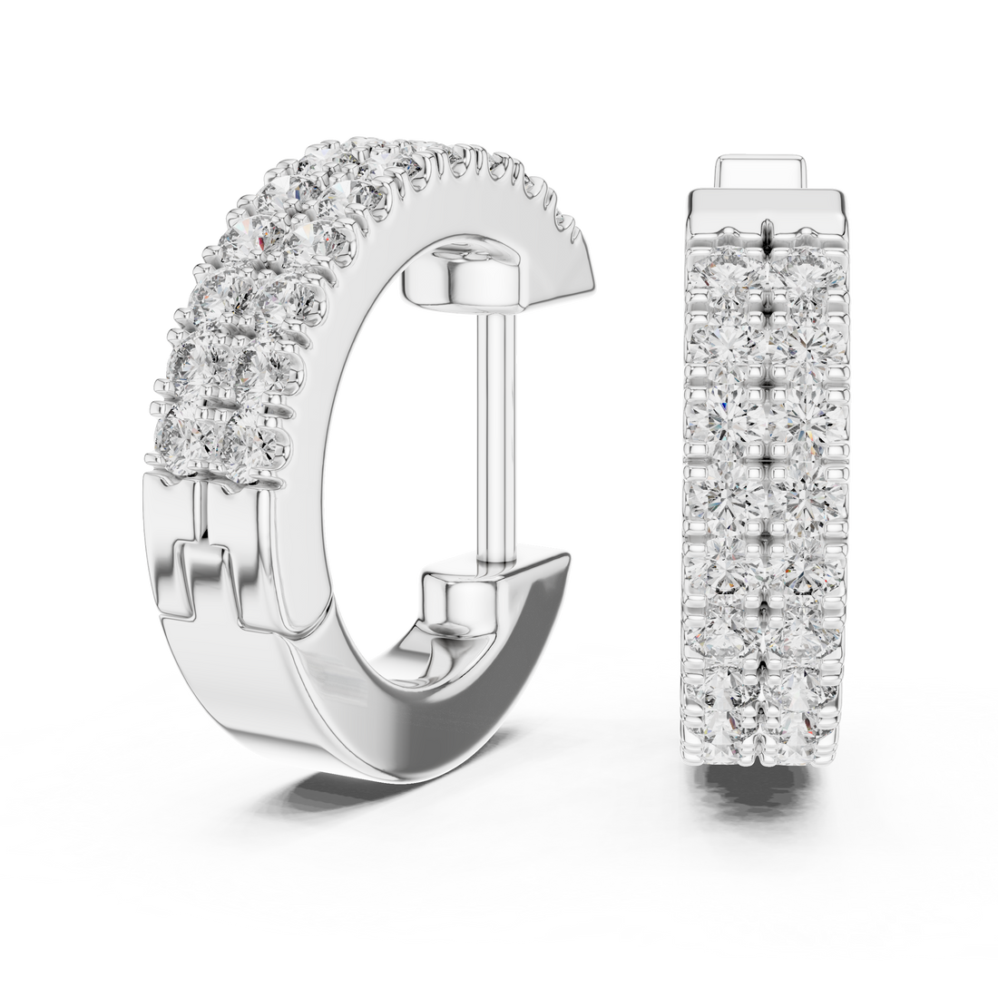Double Row Round Diamond Huggie Hoop Earrings