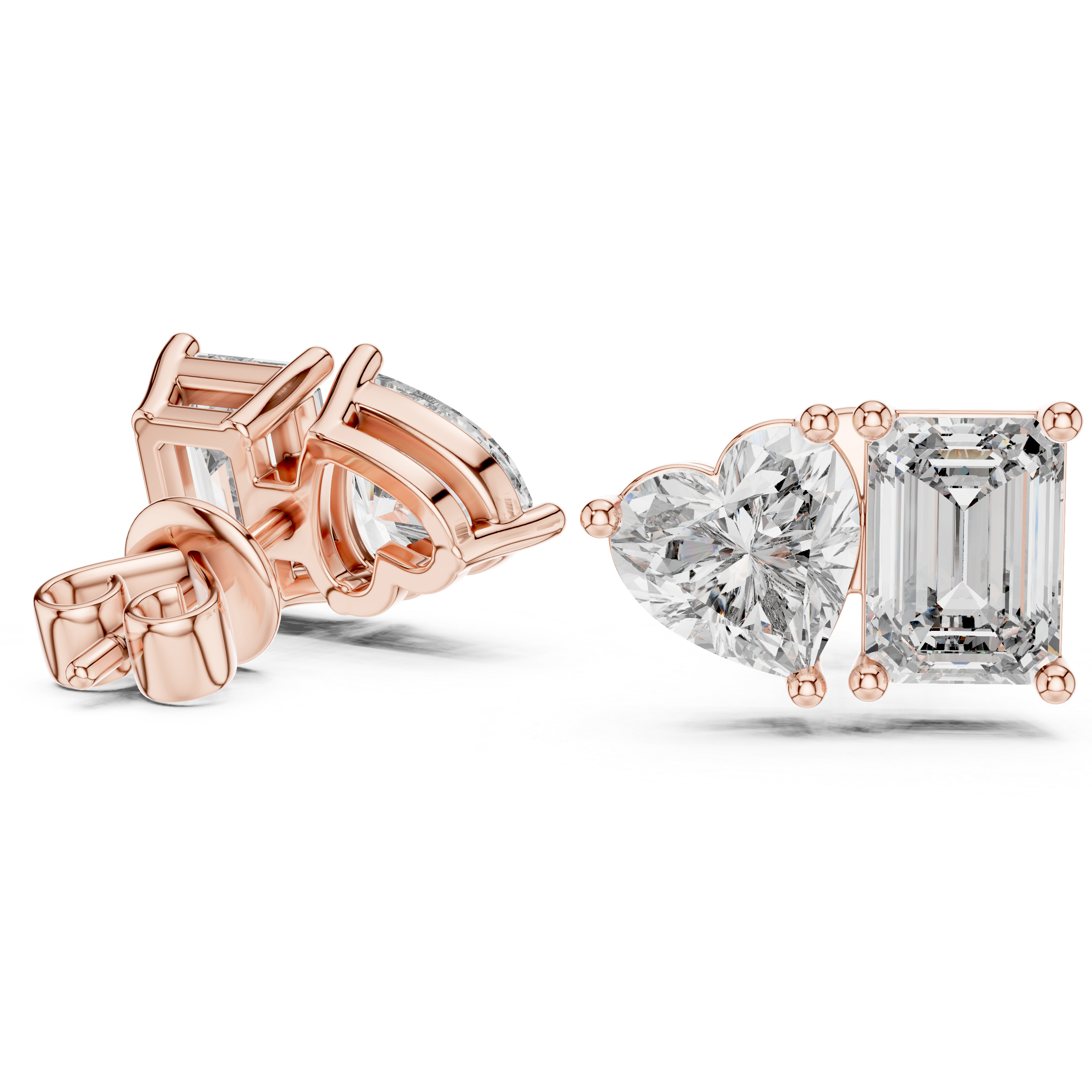 Emerald and Heart Cut Diamond Stud Earrings with Refined Dual-Stone Brilliance