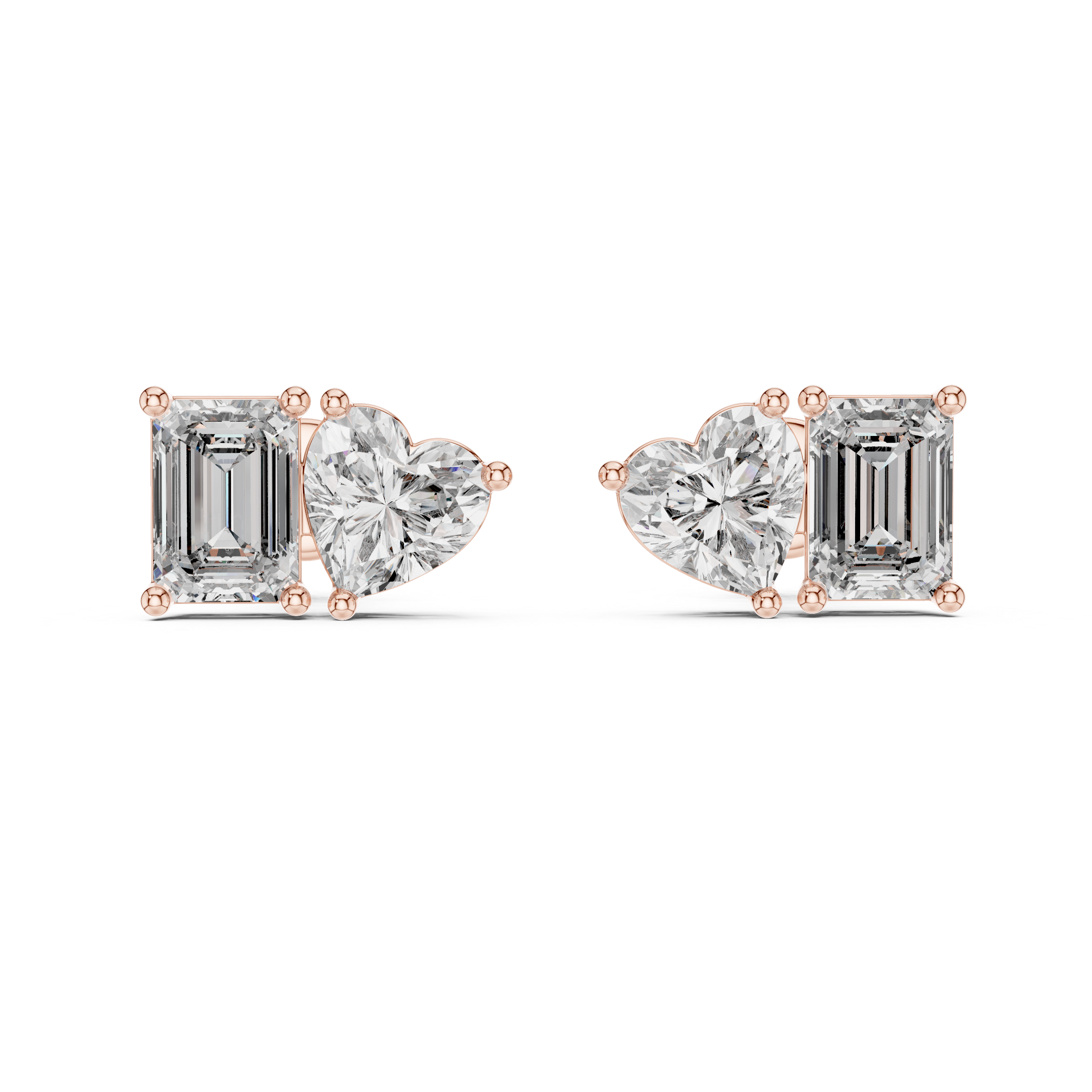 Emerald and Heart Cut Diamond Stud Earrings with Refined Dual-Stone Brilliance