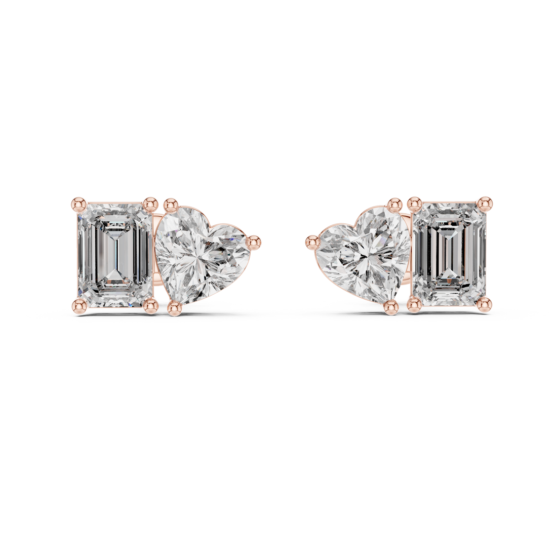 Emerald and Heart Cut Diamond Stud Earrings with Refined Dual-Stone Brilliance