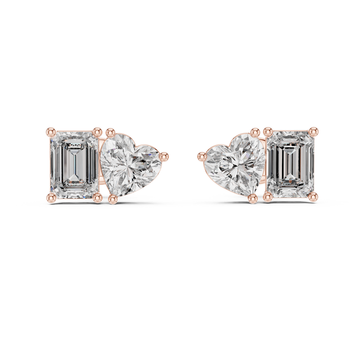 Emerald and Heart Cut Diamond Stud Earrings with Refined Dual-Stone Brilliance