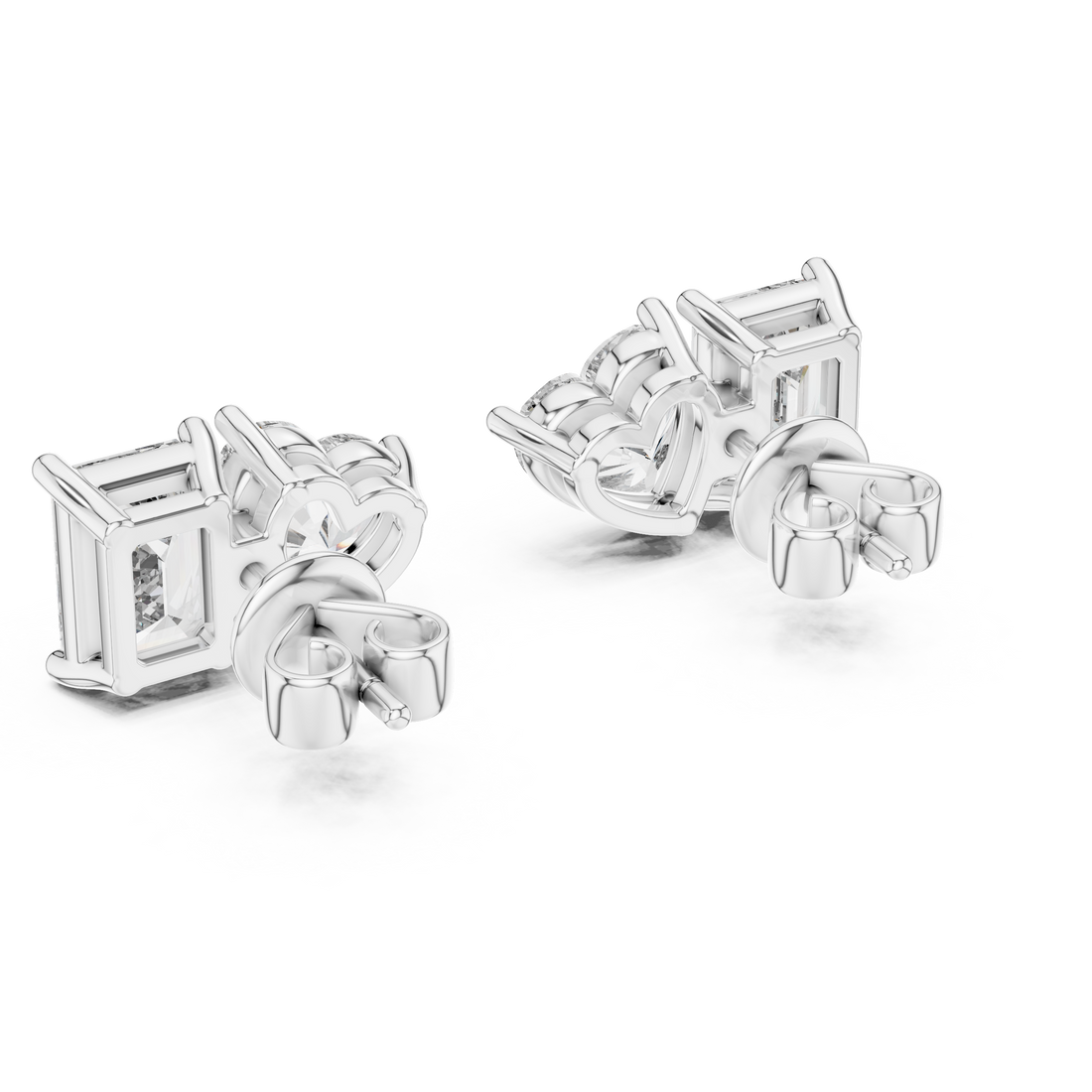 Emerald and Heart Cut Diamond Stud Earrings with Refined Dual-Stone Brilliance