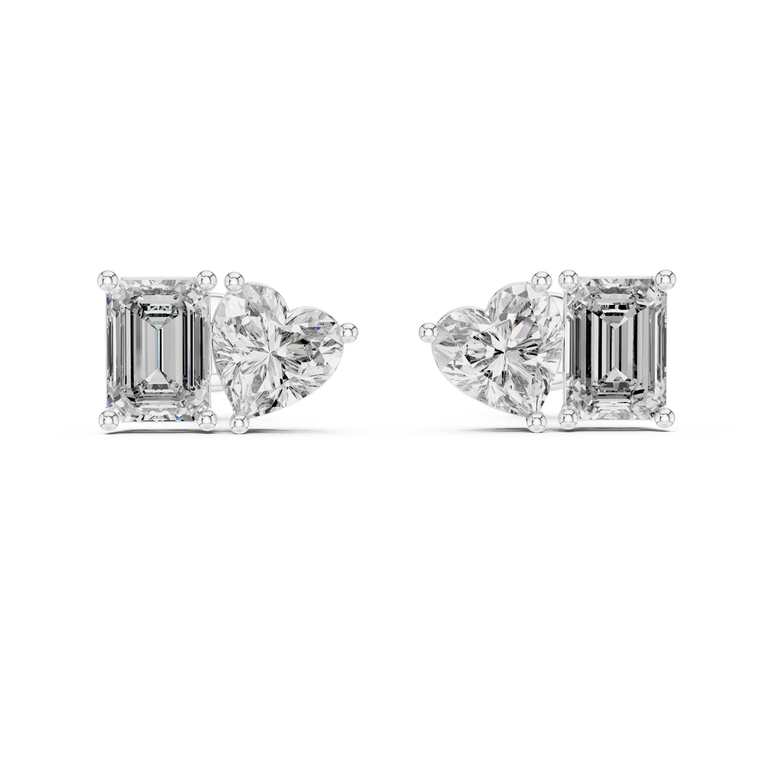 Emerald and Heart Cut Diamond Stud Earrings with Refined Dual-Stone Brilliance