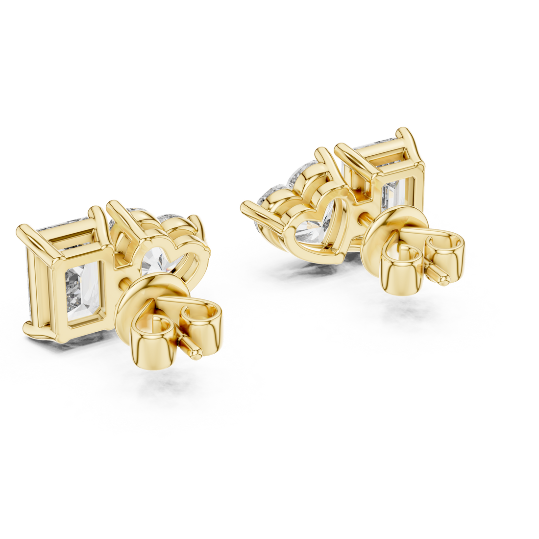 Emerald and Heart Cut Diamond Stud Earrings with Refined Dual-Stone Brilliance