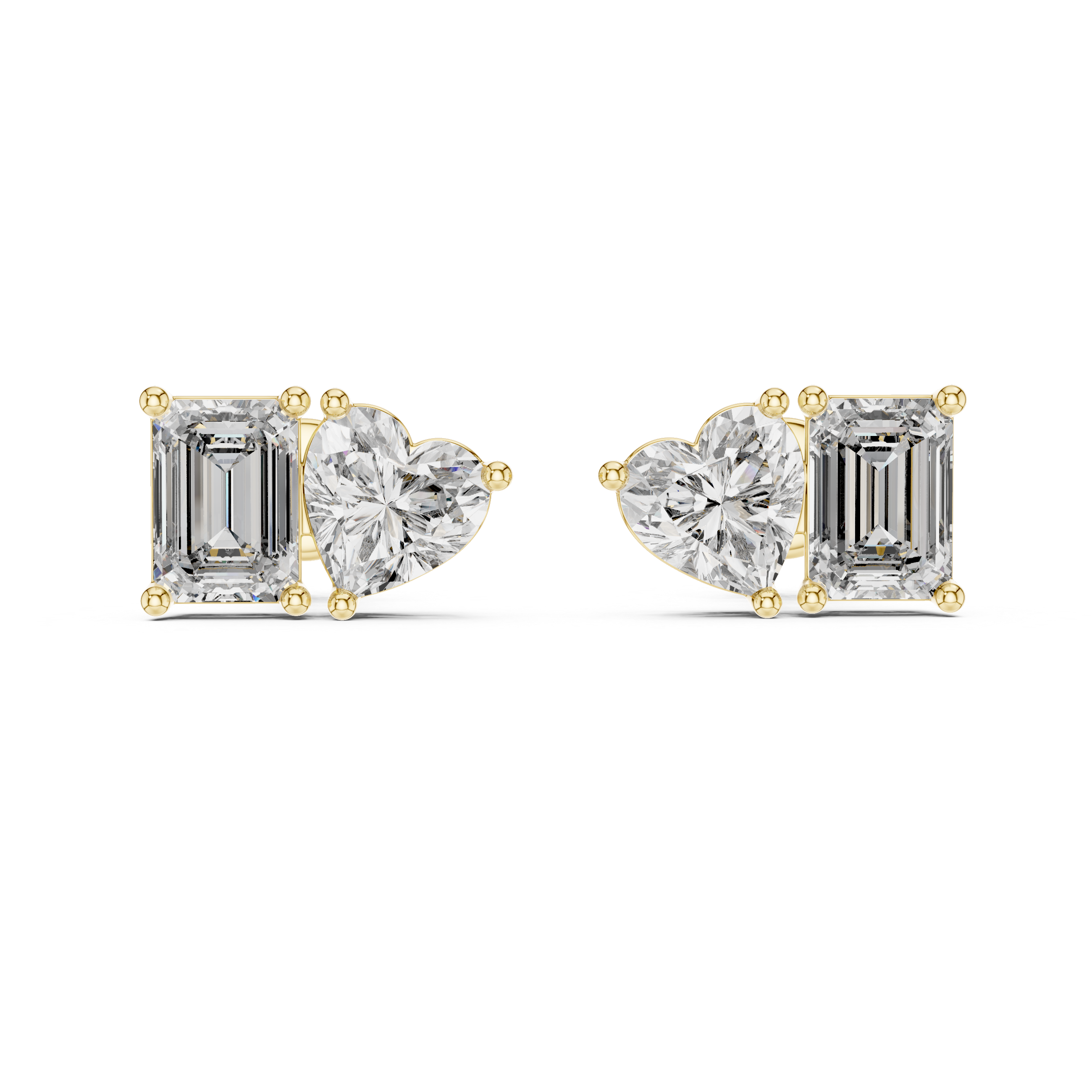 Emerald and Heart Cut Diamond Stud Earrings with Refined Dual-Stone Brilliance