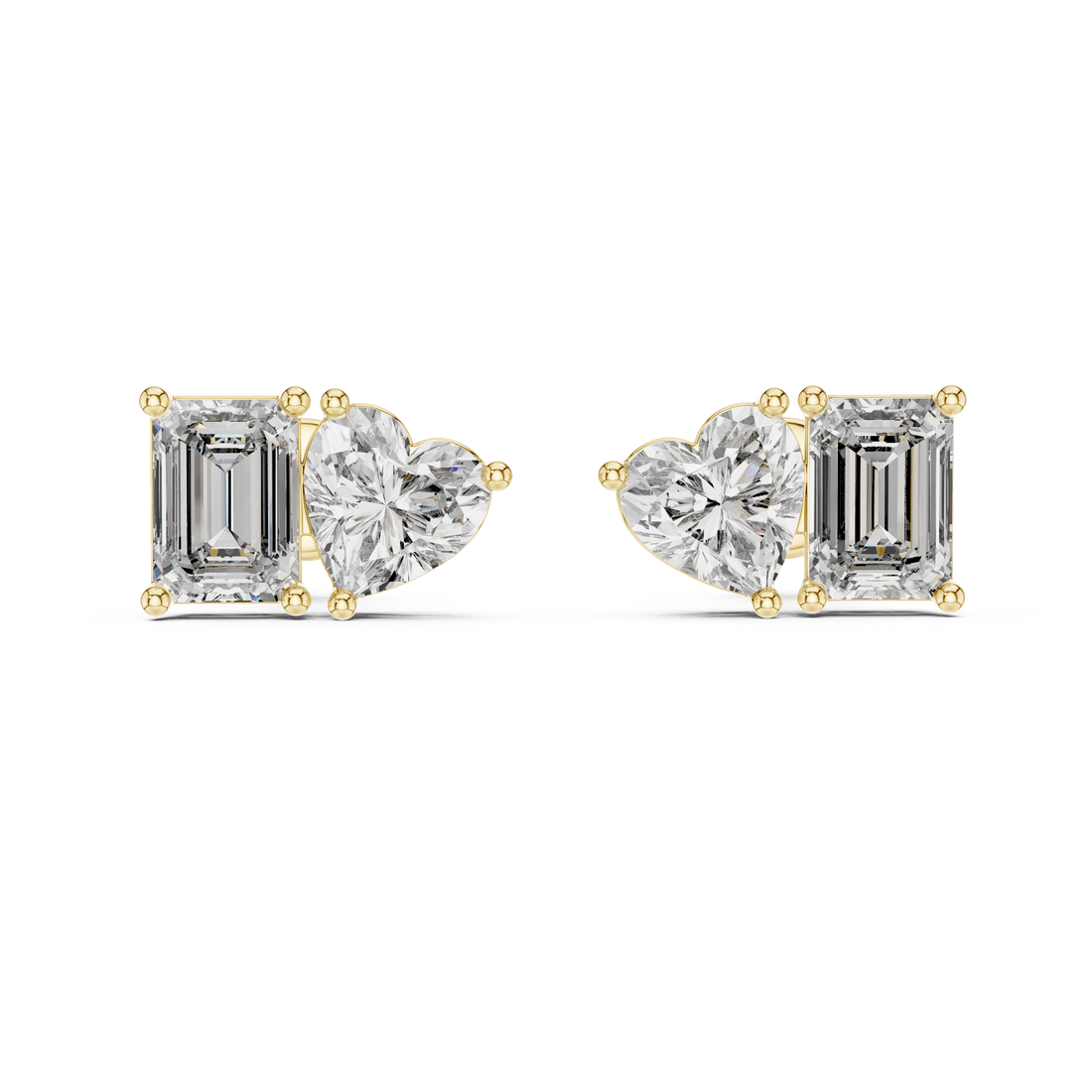 Emerald and Heart Cut Diamond Stud Earrings with Refined Dual-Stone Brilliance