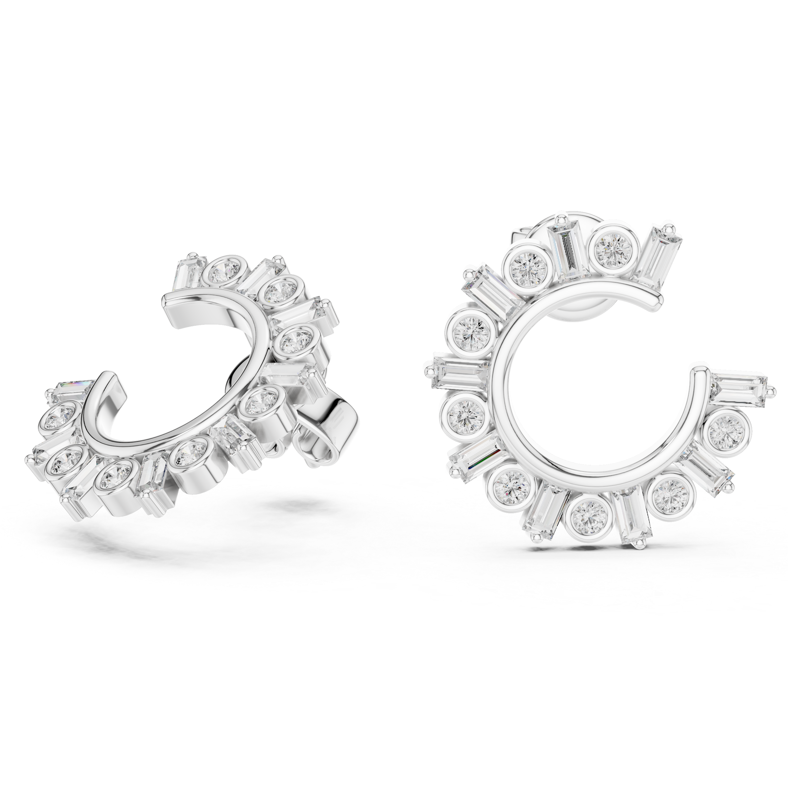 Mixed Cut Diamond Open Hoop Earrings with Radiant Arc Design