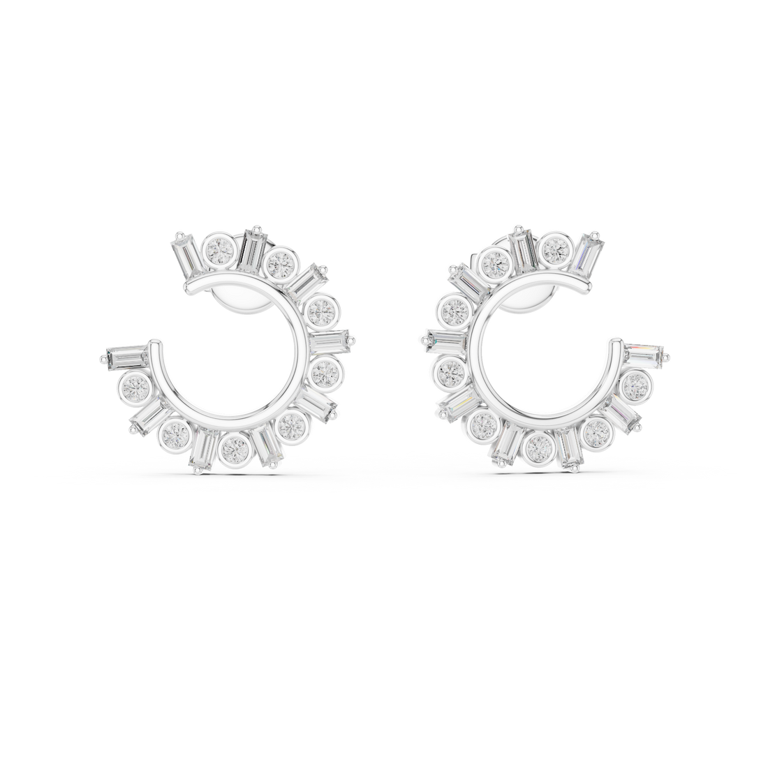 Mixed Cut Diamond Open Hoop Earrings with Radiant Arc Design