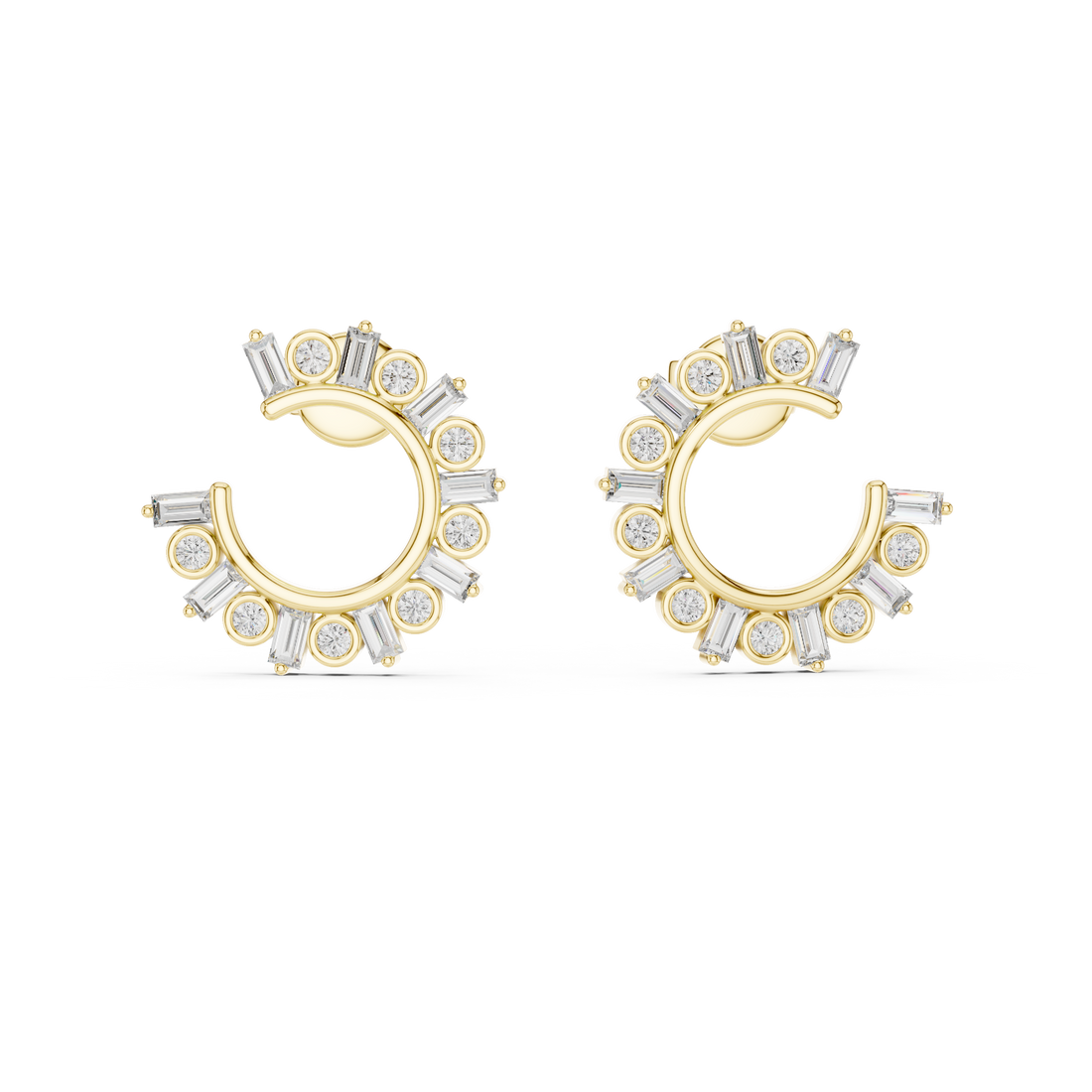 Mixed Cut Diamond Open Hoop Earrings with Radiant Arc Design