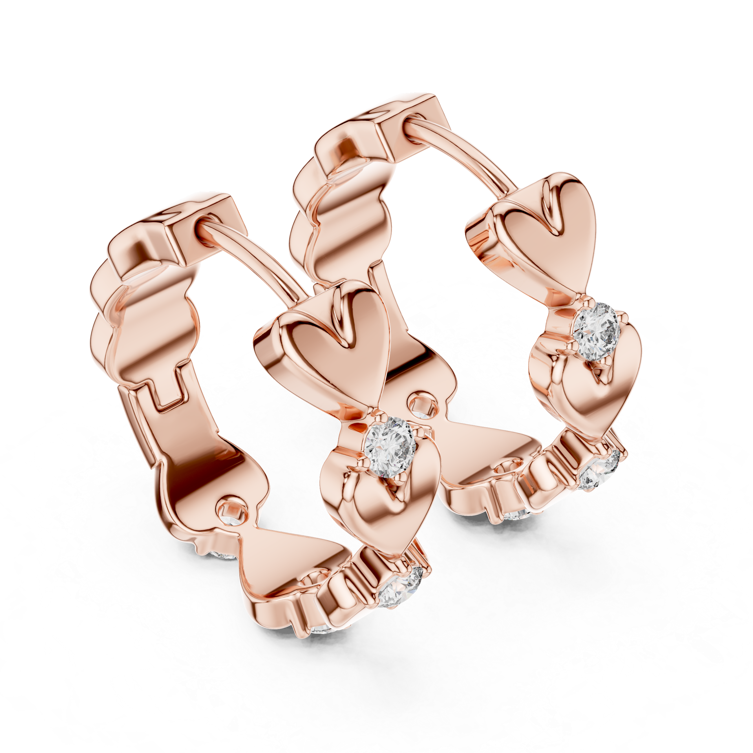 Heart Motif Diamond Huggie Hoop Earrings with Round Brilliant Diamonds