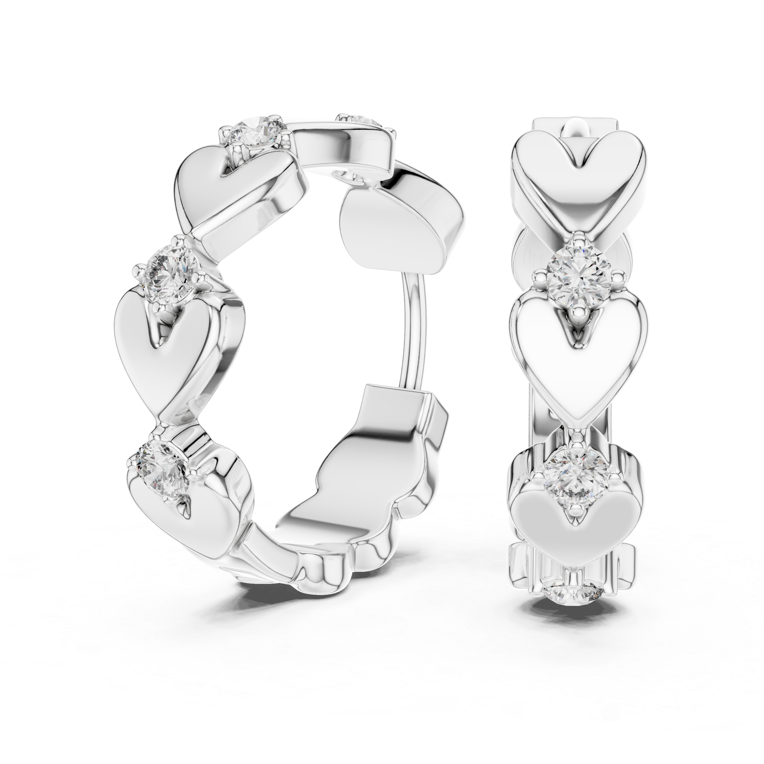 Heart Motif Diamond Huggie Hoop Earrings with Round Brilliant Diamonds