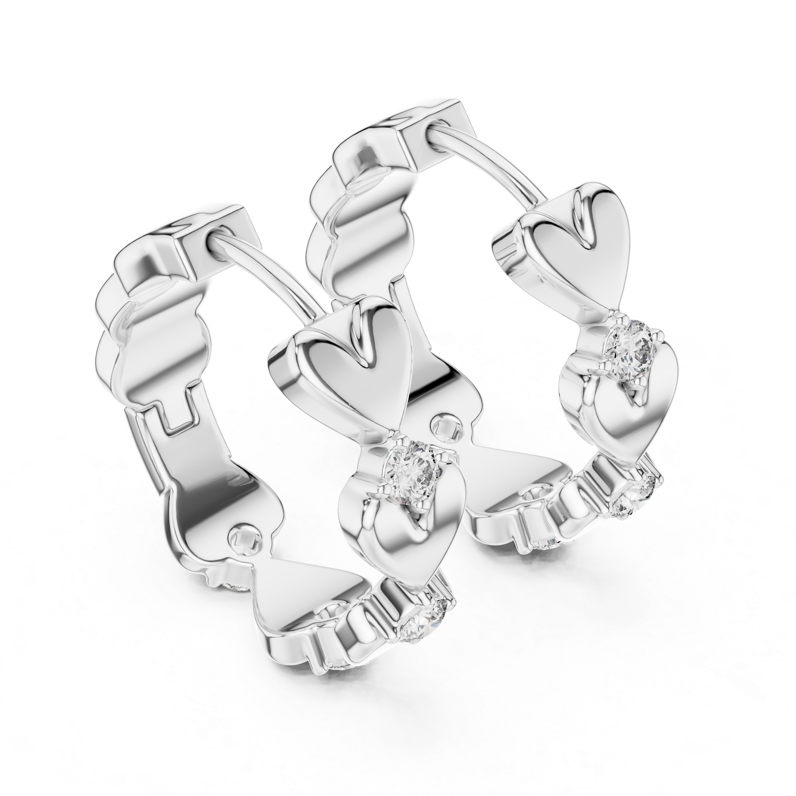 Heart Motif Diamond Huggie Hoop Earrings with Round Brilliant Diamonds