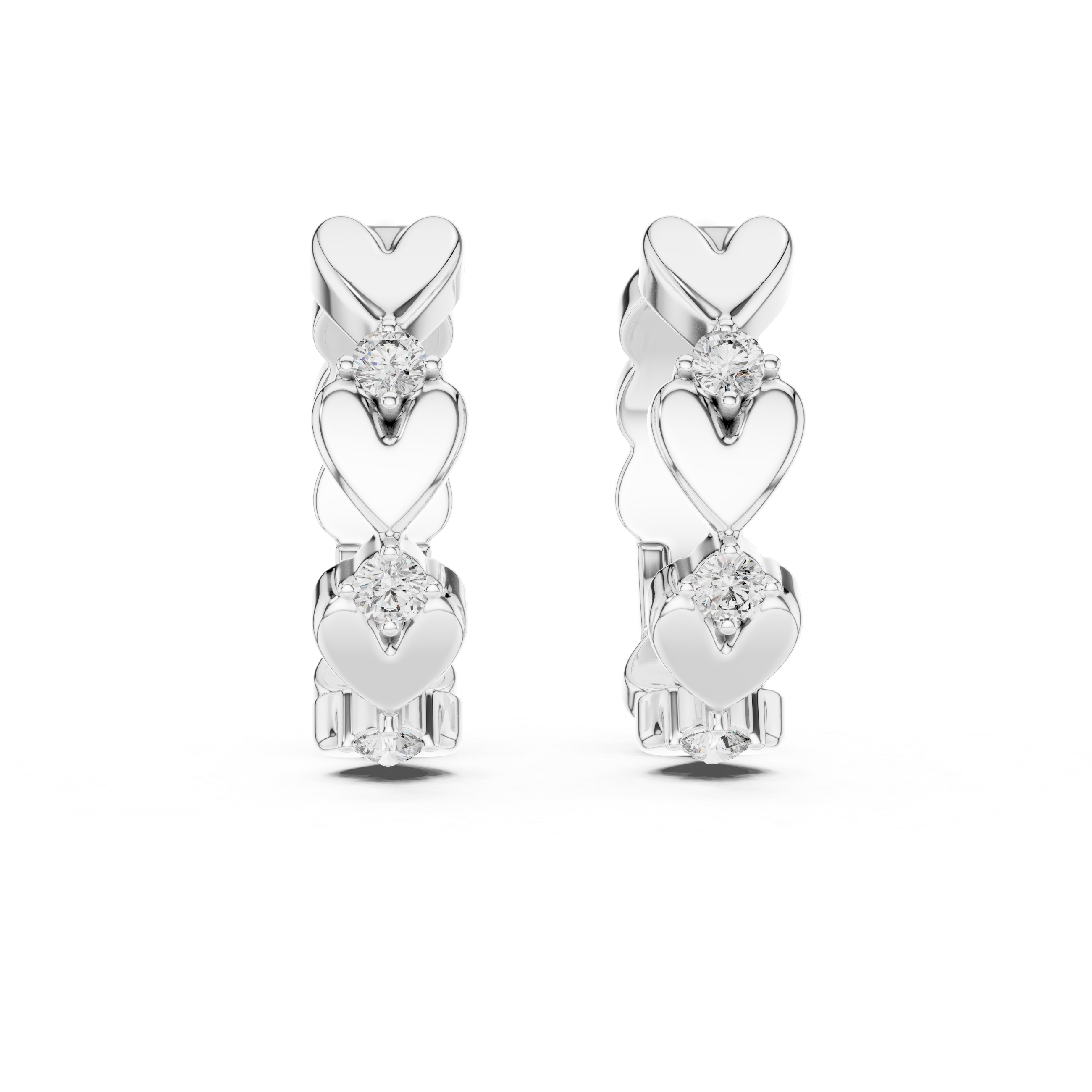 Heart Motif Diamond Huggie Hoop Earrings with Round Brilliant Diamonds