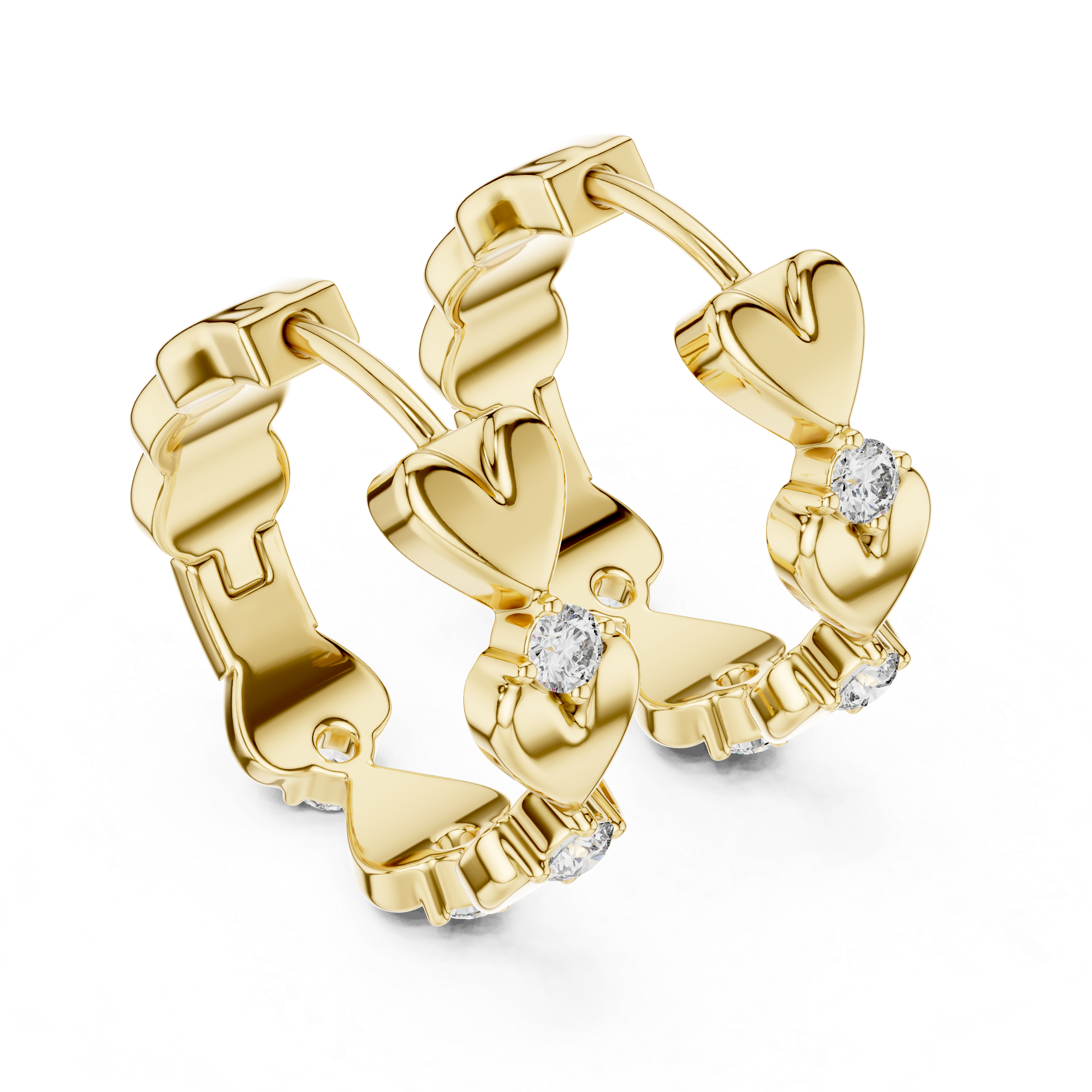 Heart Motif Diamond Huggie Hoop Earrings with Round Brilliant Diamonds