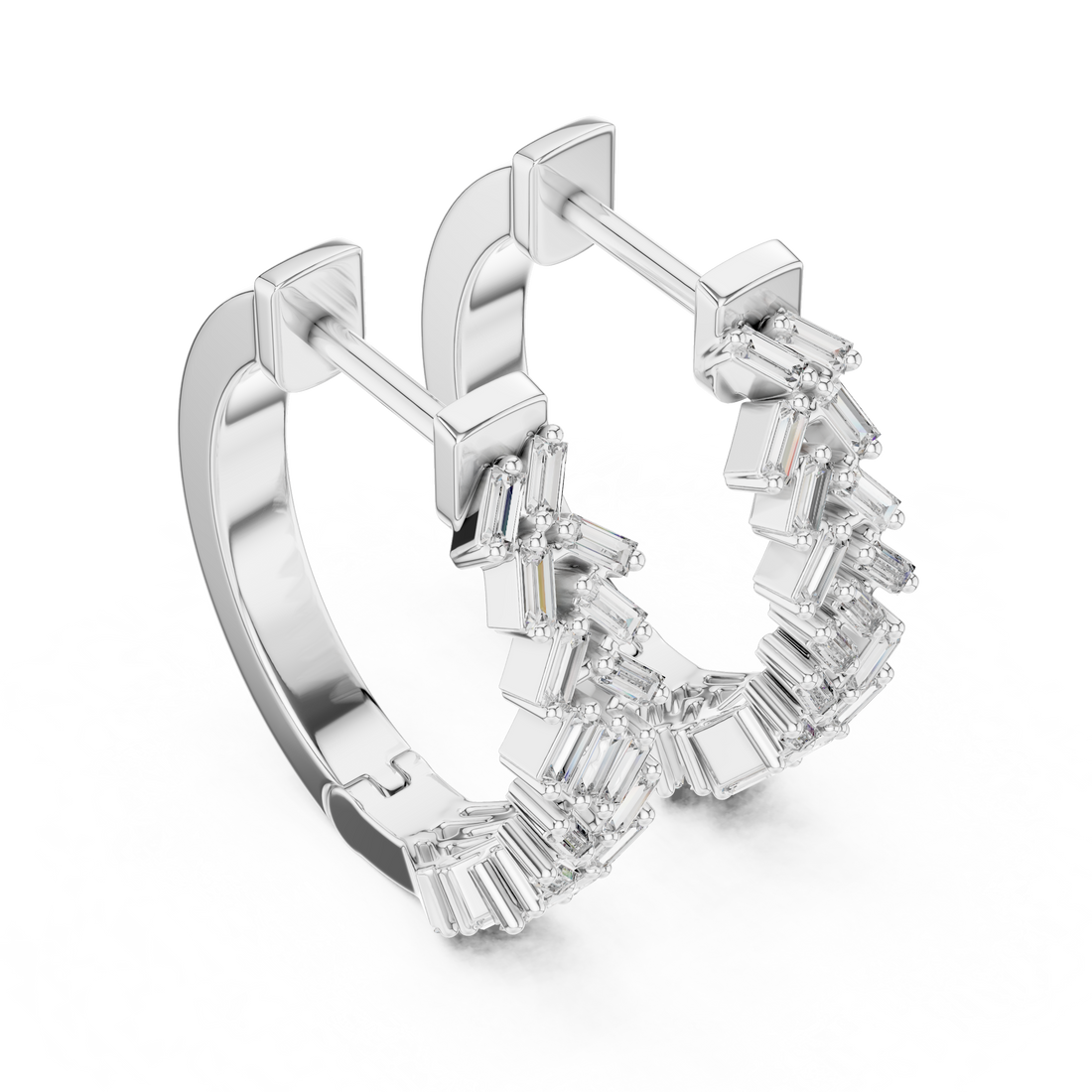 Baguette Cut Diamond Chevron Huggie Hoop Earrings
