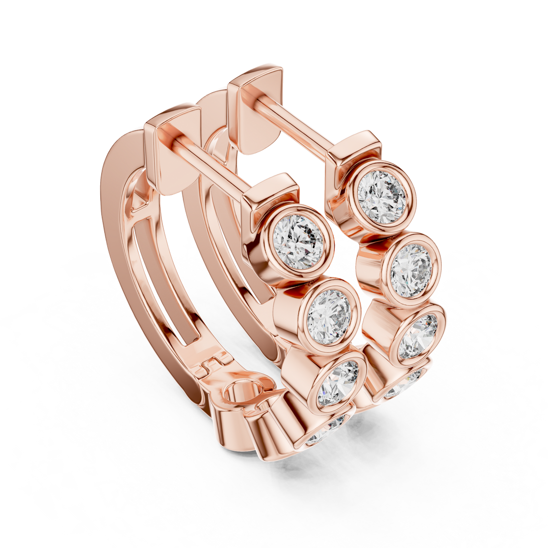 Round Brilliant Bezel Set Diamond Station Hoop Earrings in Modern Column Design