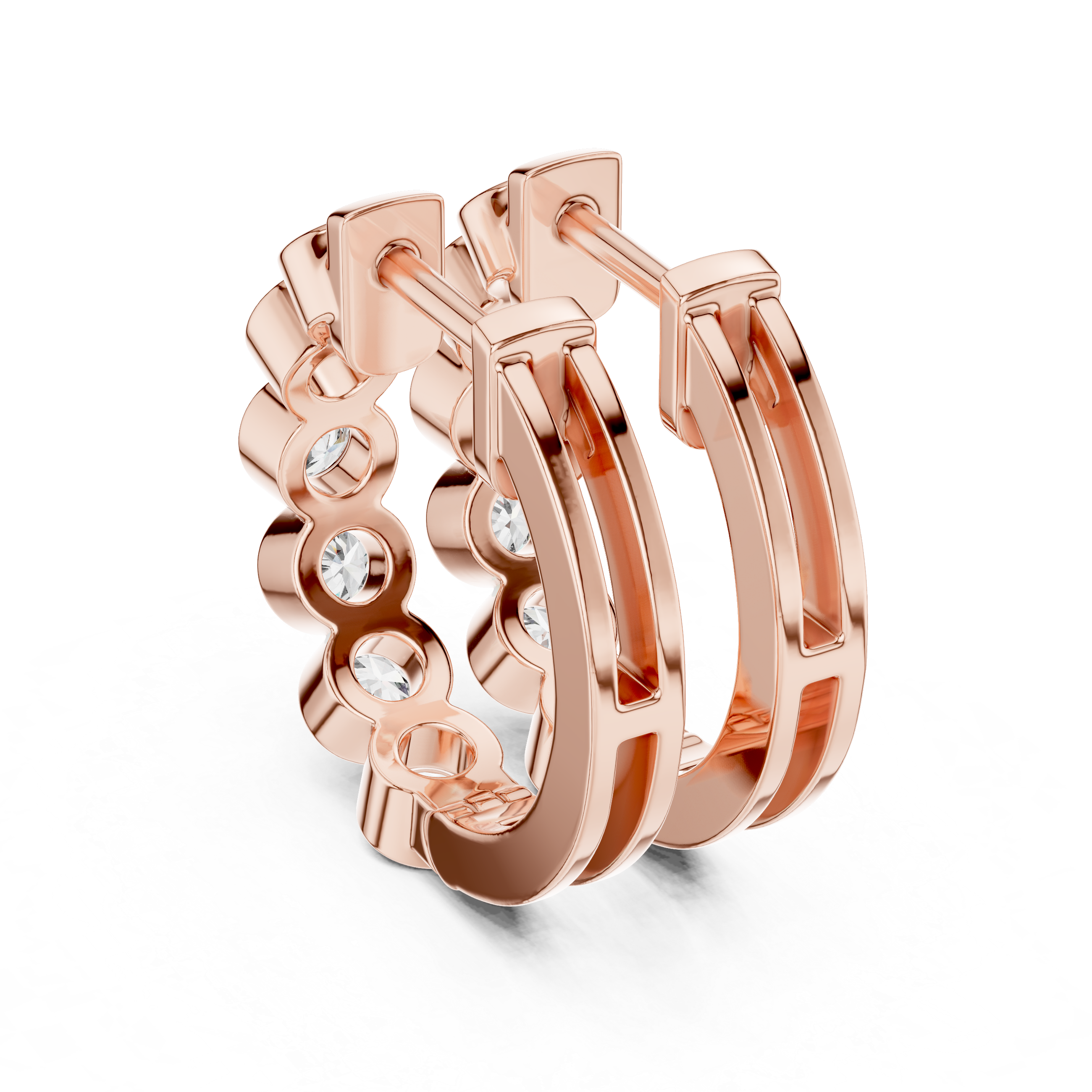 Round Brilliant Bezel Set Diamond Station Hoop Earrings in Modern Column Design