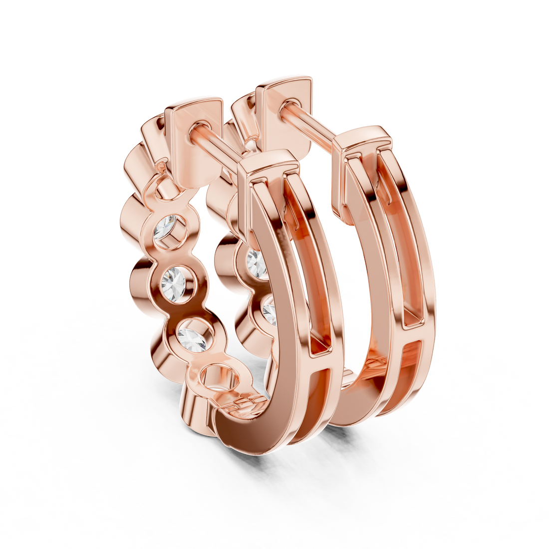 Round Brilliant Bezel Set Diamond Station Hoop Earrings in Modern Column Design