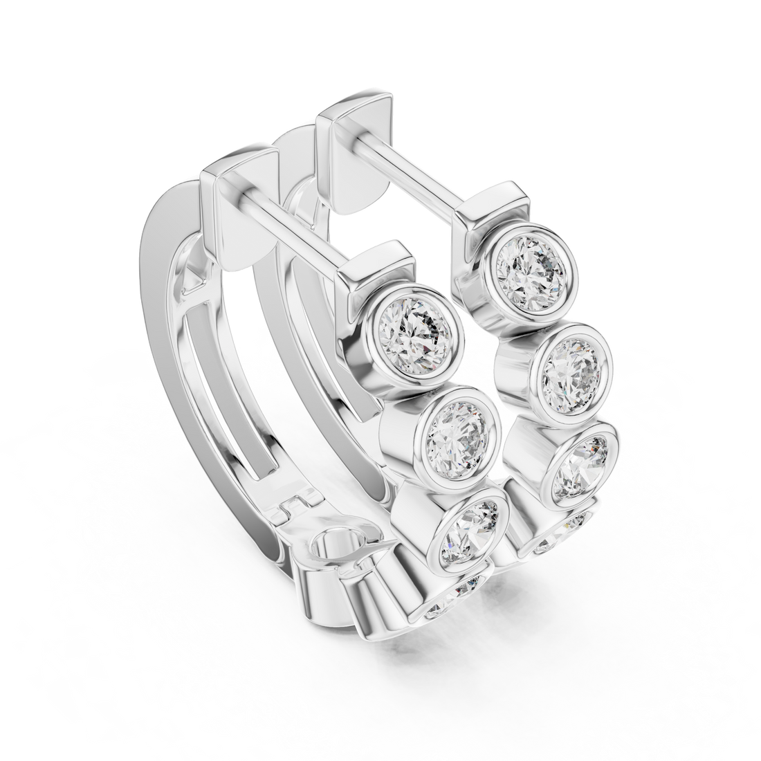 Round Brilliant Bezel Set Diamond Station Hoop Earrings in Modern Column Design