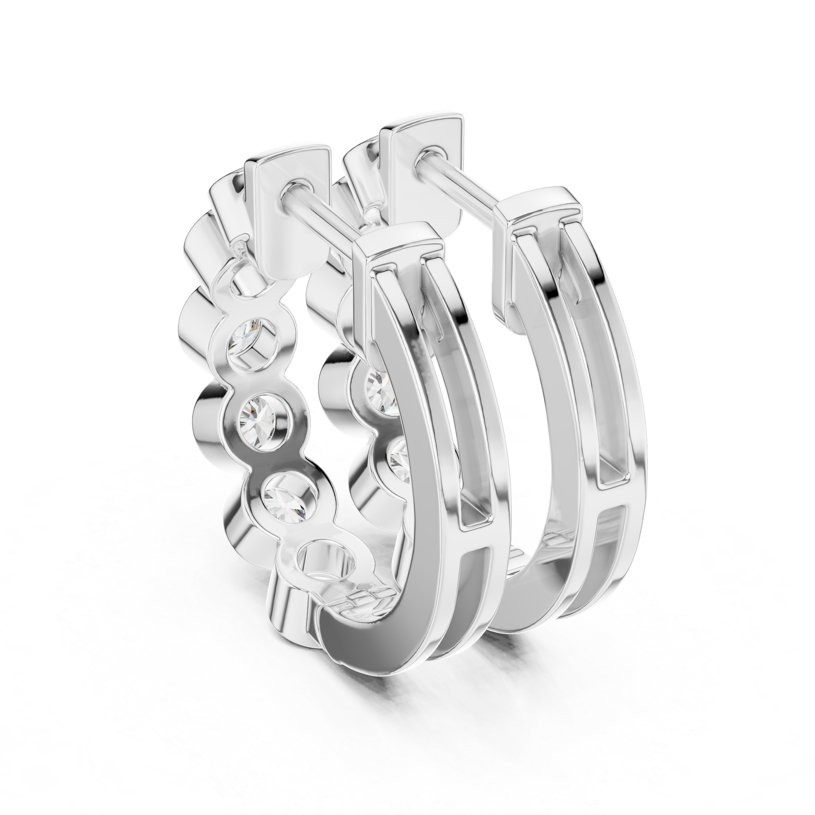 Round Brilliant Bezel Set Diamond Station Hoop Earrings in Modern Column Design