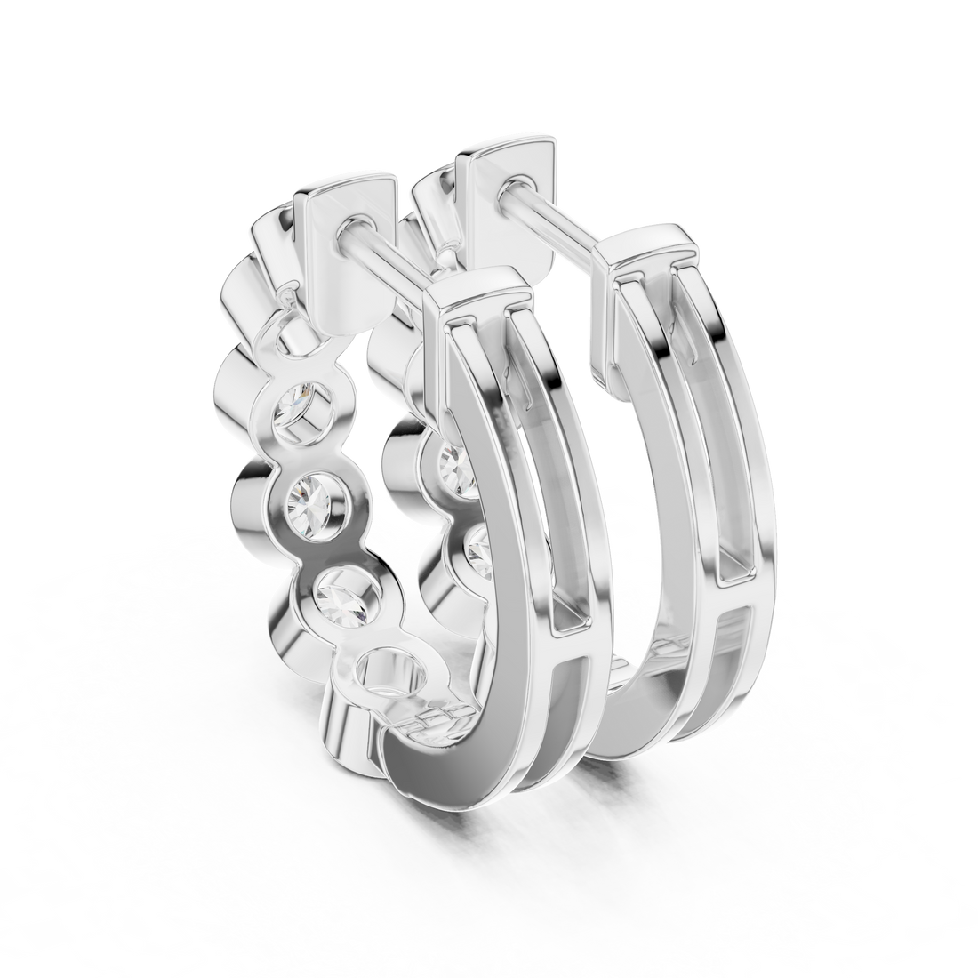 Round Brilliant Bezel Set Diamond Station Hoop Earrings in Modern Column Design