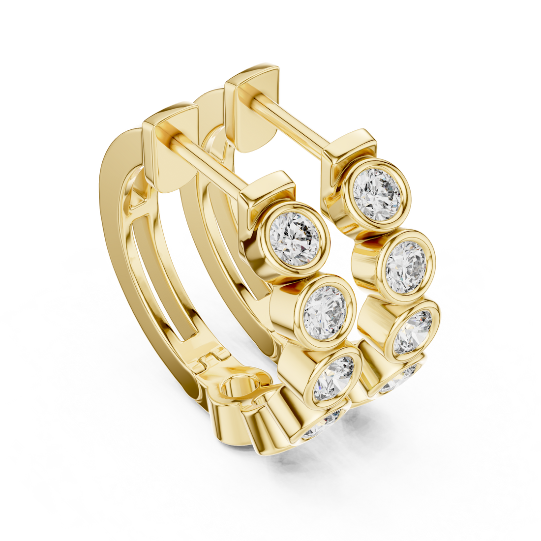 Round Brilliant Bezel Set Diamond Station Hoop Earrings in Modern Column Design