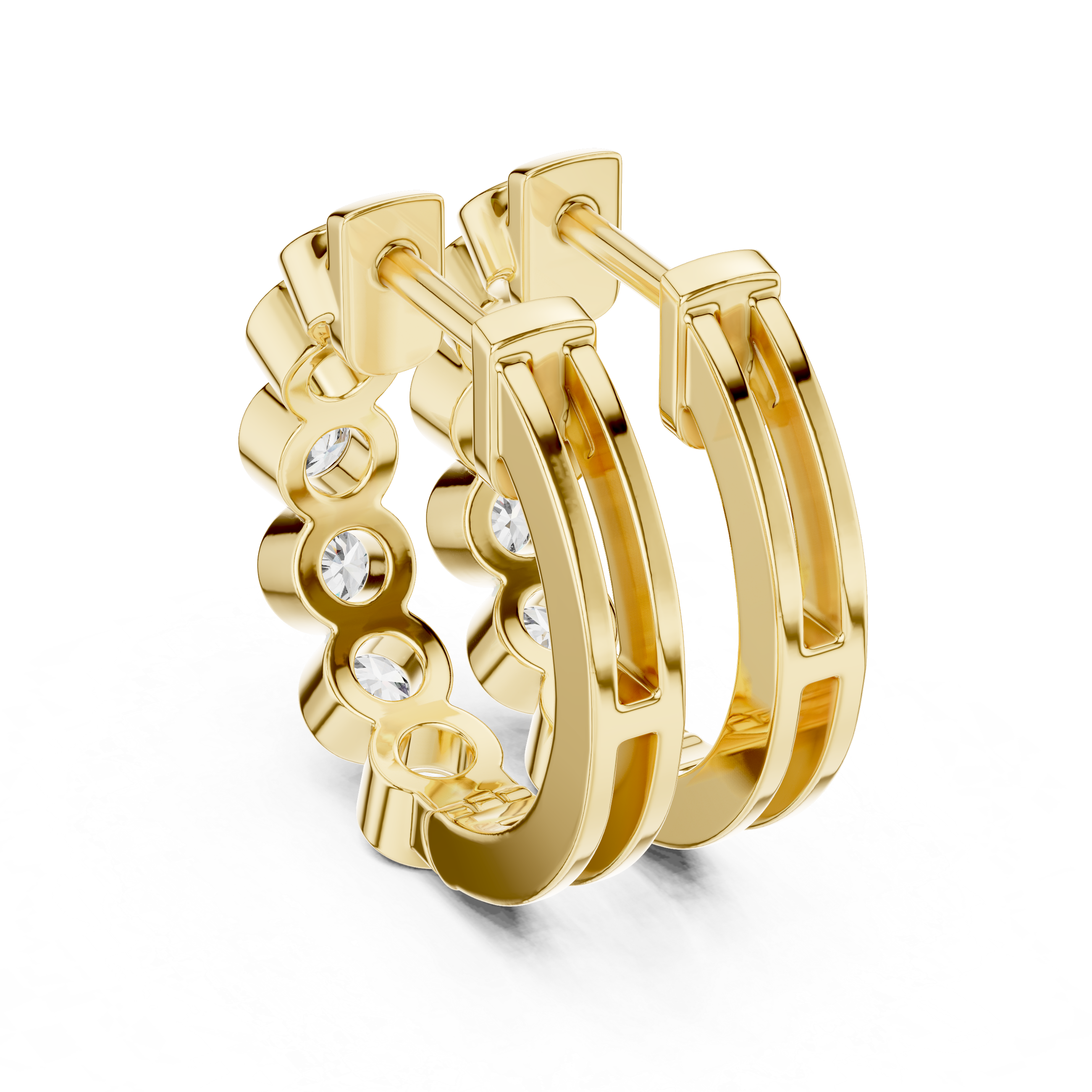 Round Brilliant Bezel Set Diamond Station Hoop Earrings in Modern Column Design