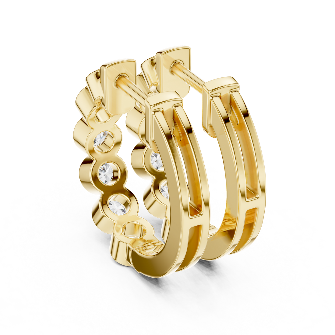 Round Brilliant Bezel Set Diamond Station Hoop Earrings in Modern Column Design