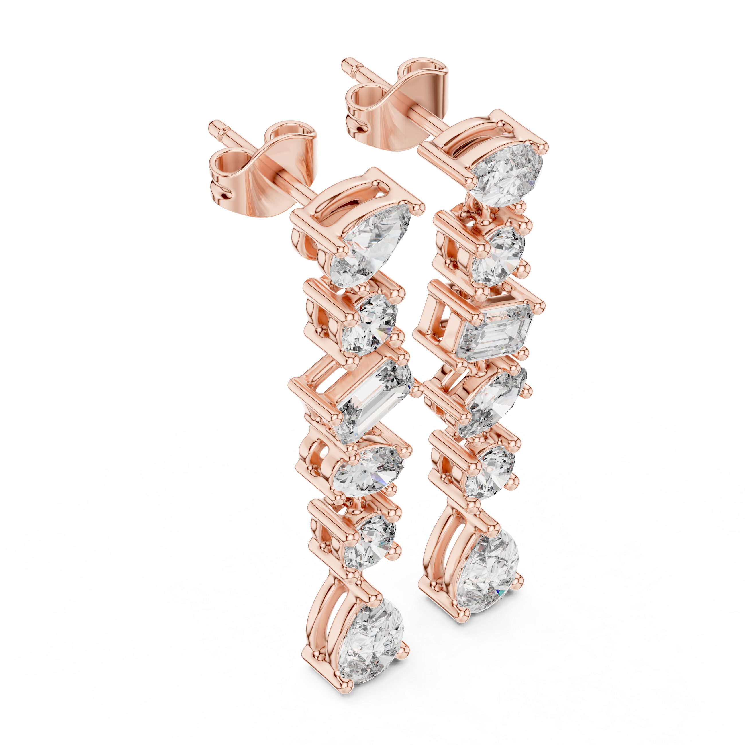 Mixed Cut Diamond Linear Drop Earrings with Pear Emerald and Round Stations