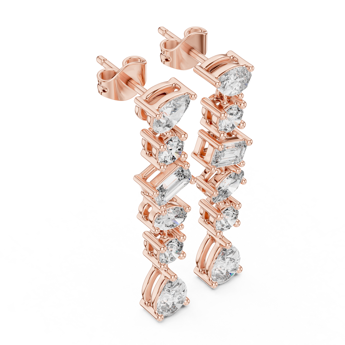 Mixed Cut Diamond Linear Drop Earrings with Pear Emerald and Round Stations