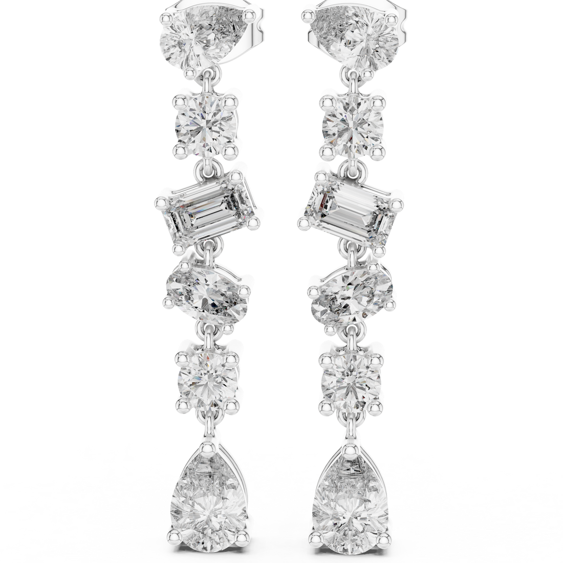 Mixed Cut Diamond Linear Drop Earrings with Pear Emerald and Round Stations