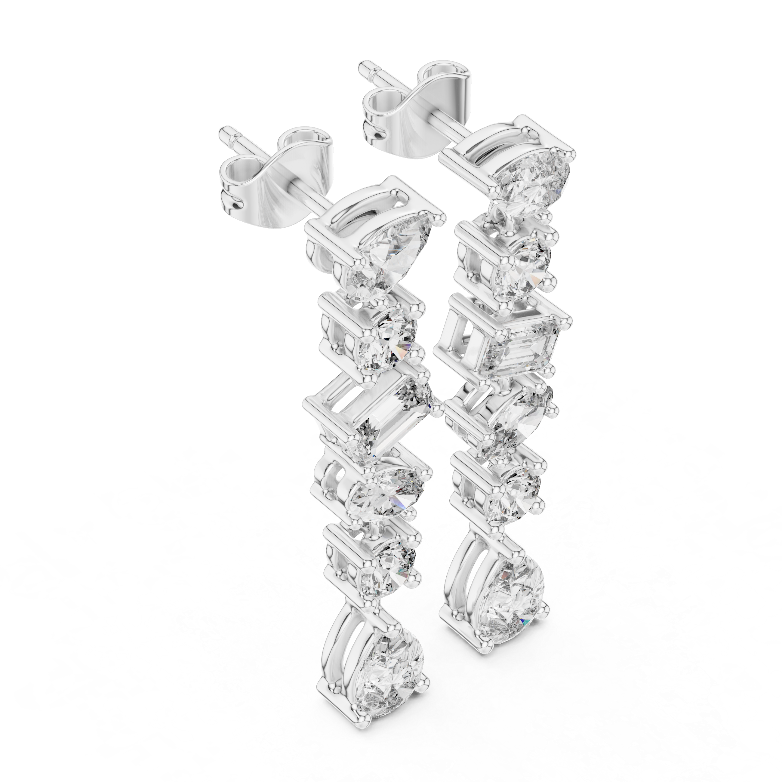 Mixed Cut Diamond Linear Drop Earrings with Pear Emerald and Round Stations