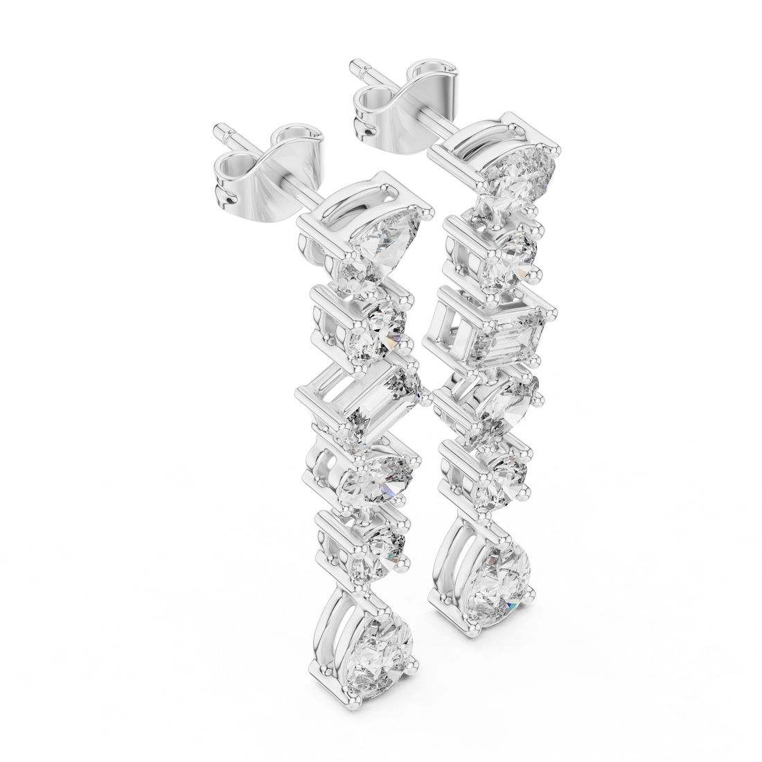 Mixed Cut Diamond Linear Drop Earrings with Pear Emerald and Round Stations