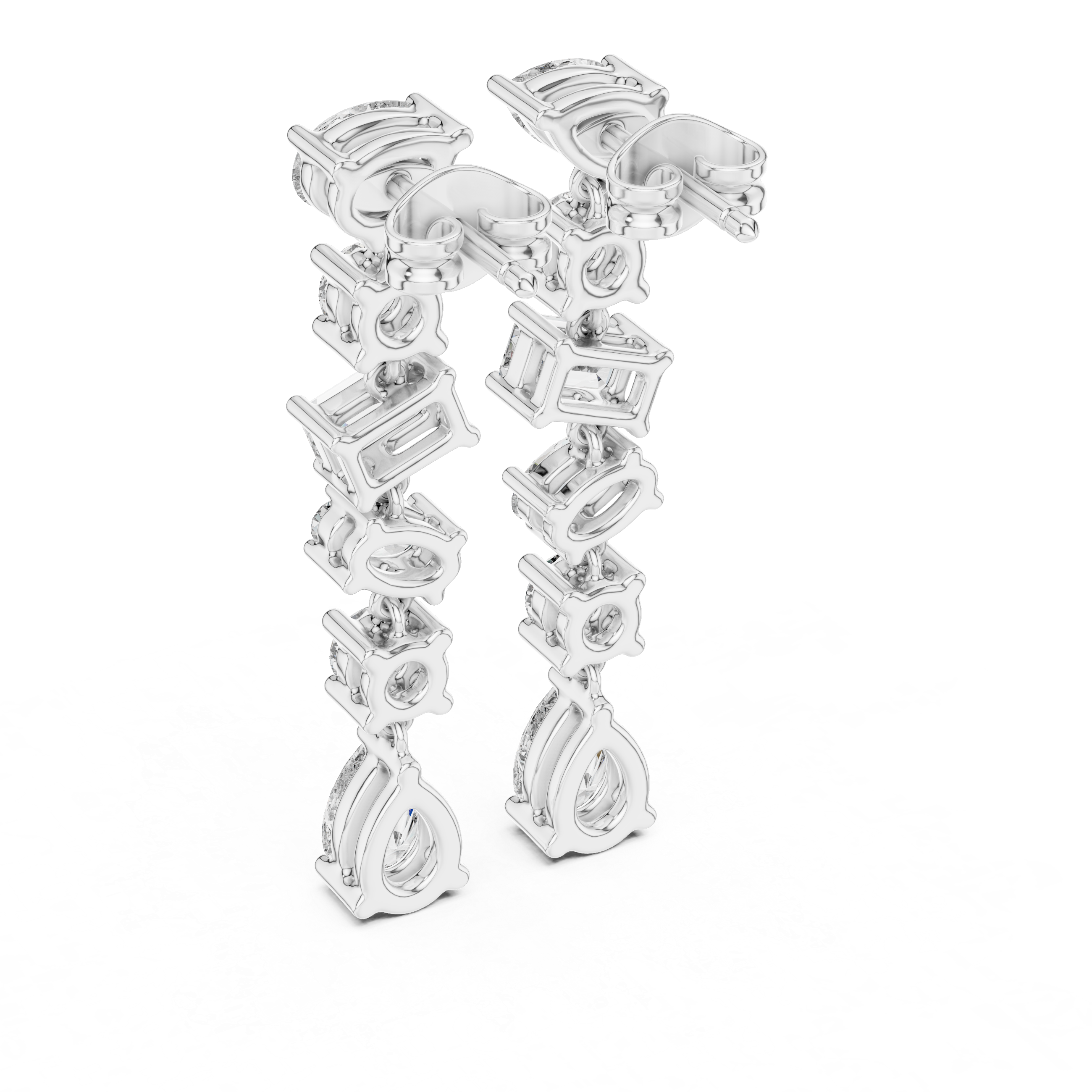 Mixed Cut Diamond Linear Drop Earrings with Pear Emerald and Round Stations