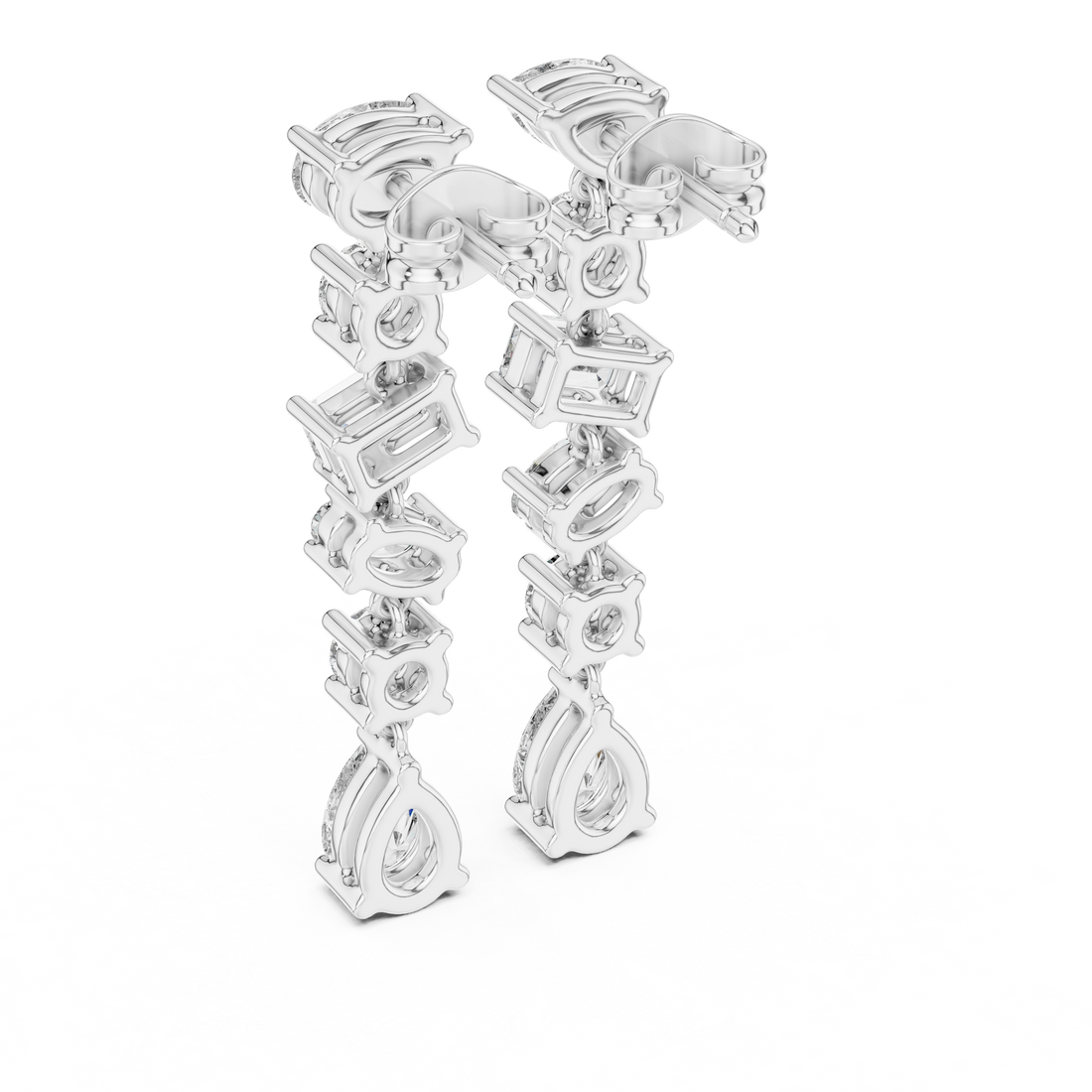 Mixed Cut Diamond Linear Drop Earrings with Pear Emerald and Round Stations