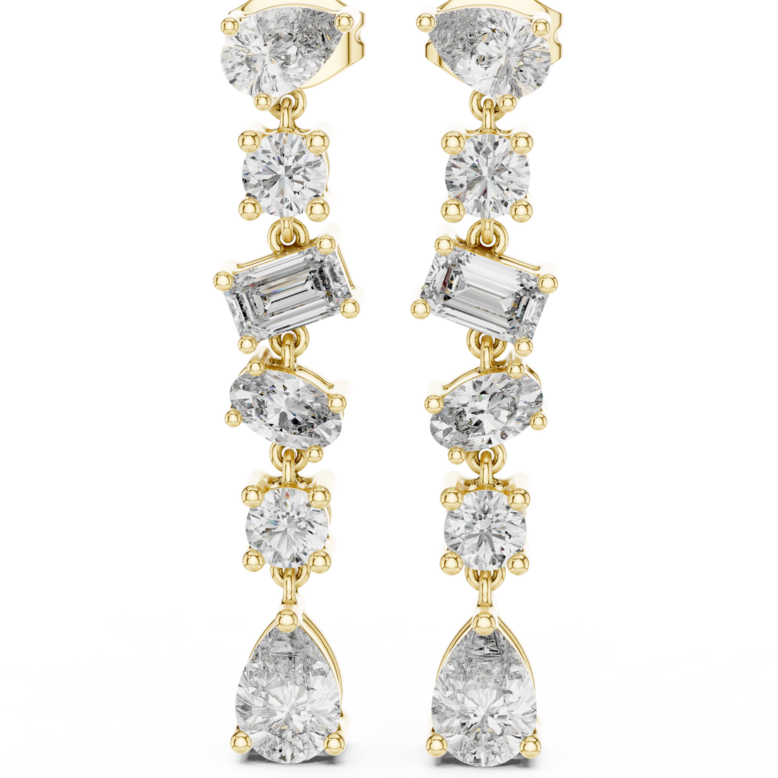 Mixed Cut Diamond Linear Drop Earrings with Pear Emerald and Round Stations