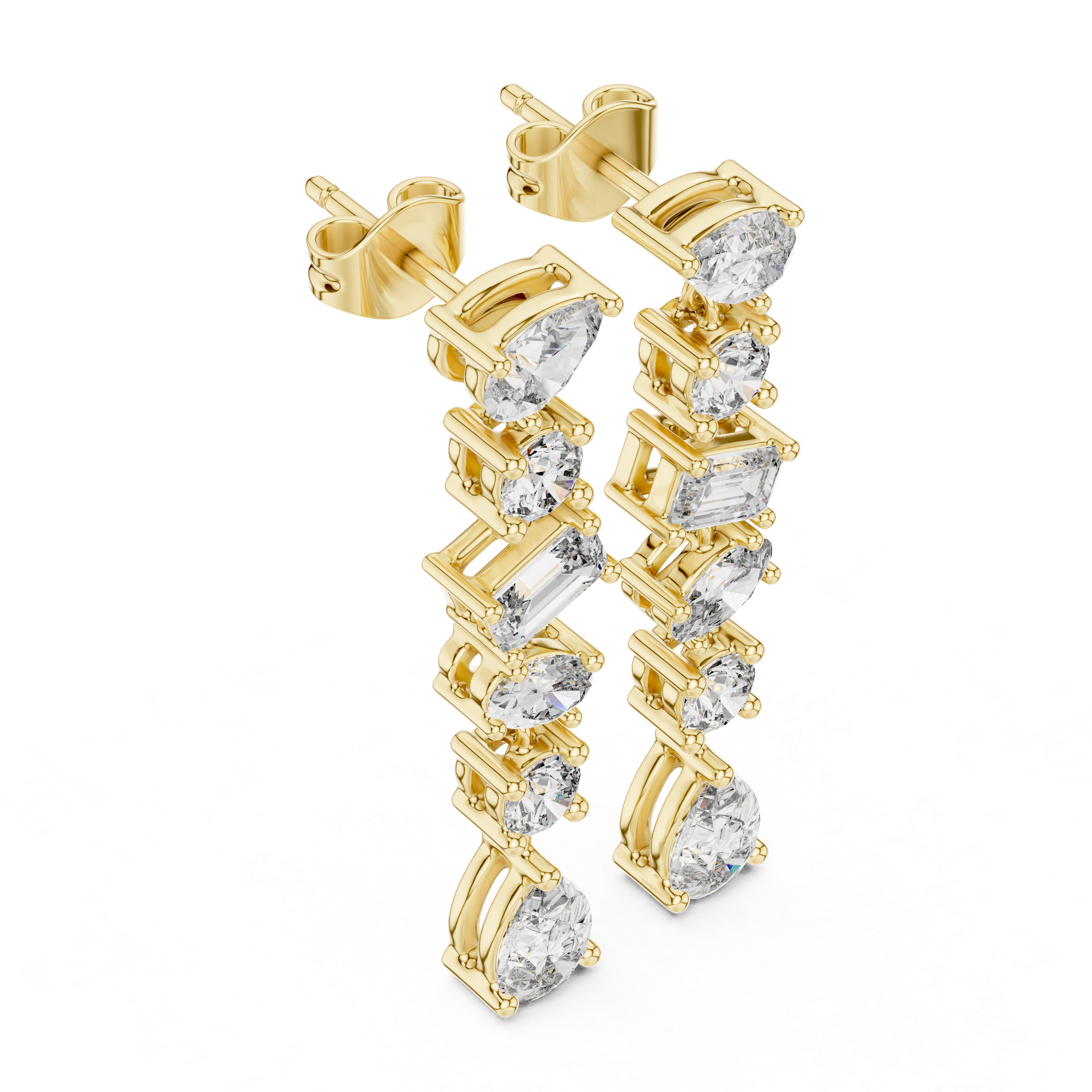 Mixed Cut Diamond Linear Drop Earrings with Pear Emerald and Round Stations