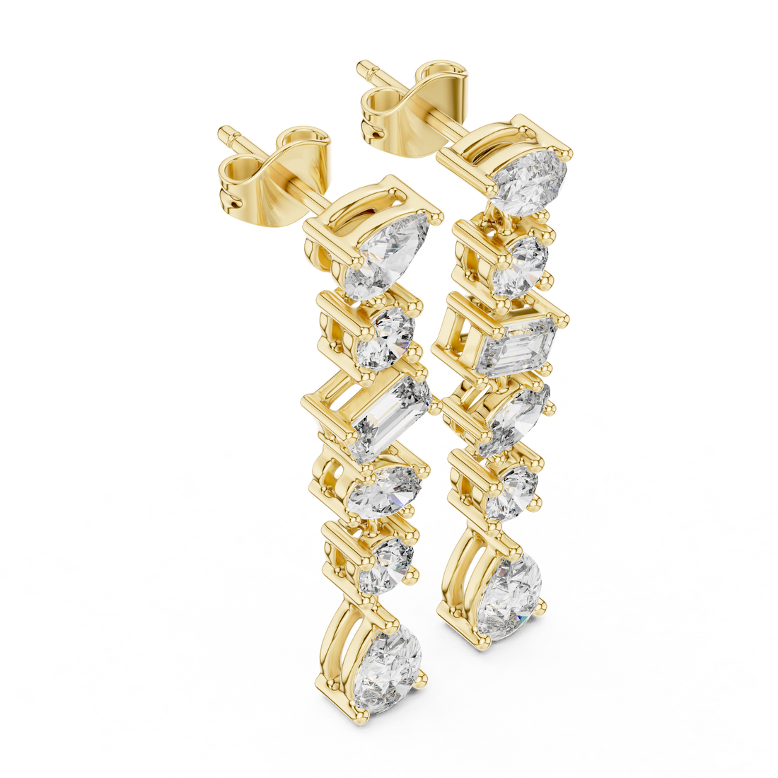 Mixed Cut Diamond Linear Drop Earrings with Pear Emerald and Round Stations