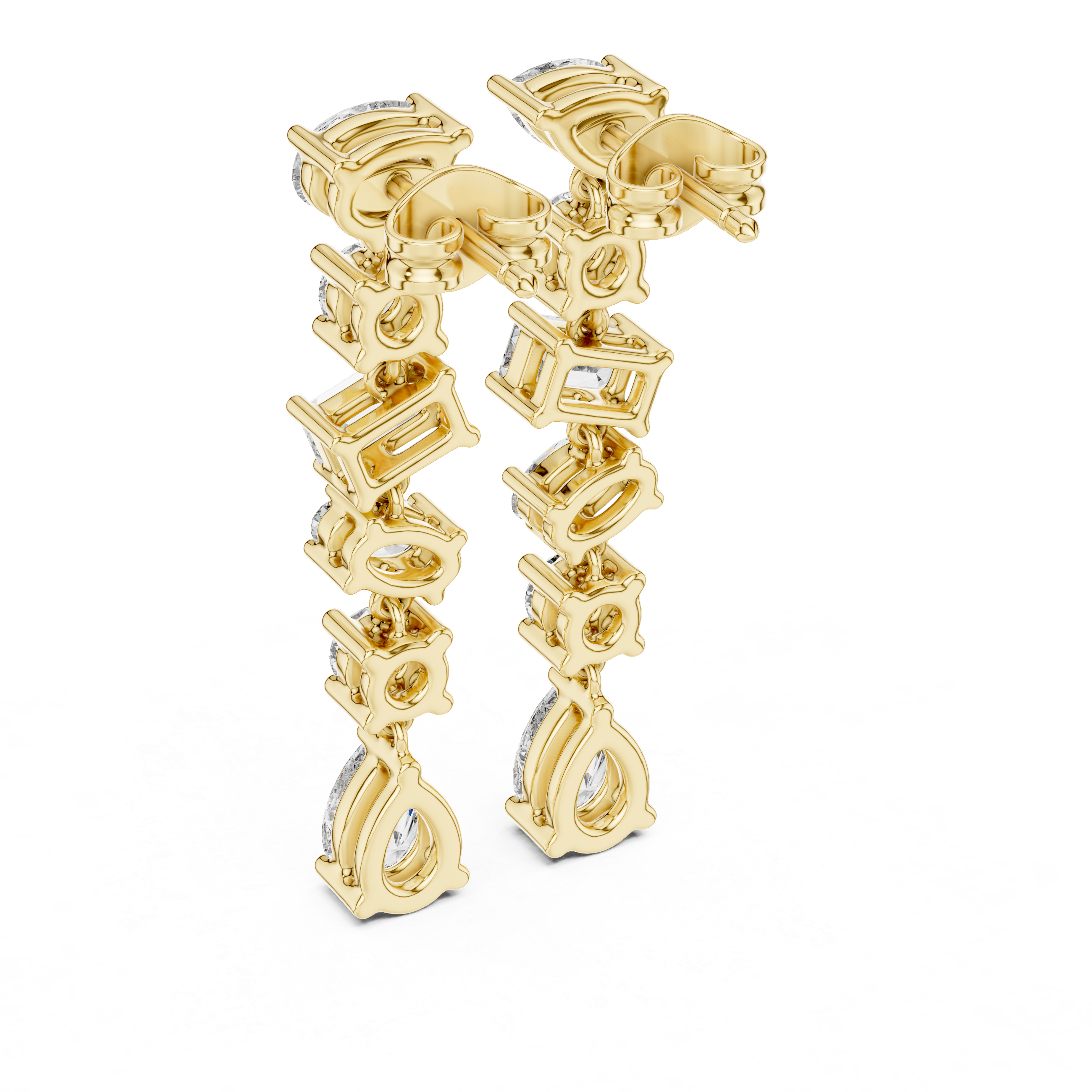 Mixed Cut Diamond Linear Drop Earrings with Pear Emerald and Round Stations