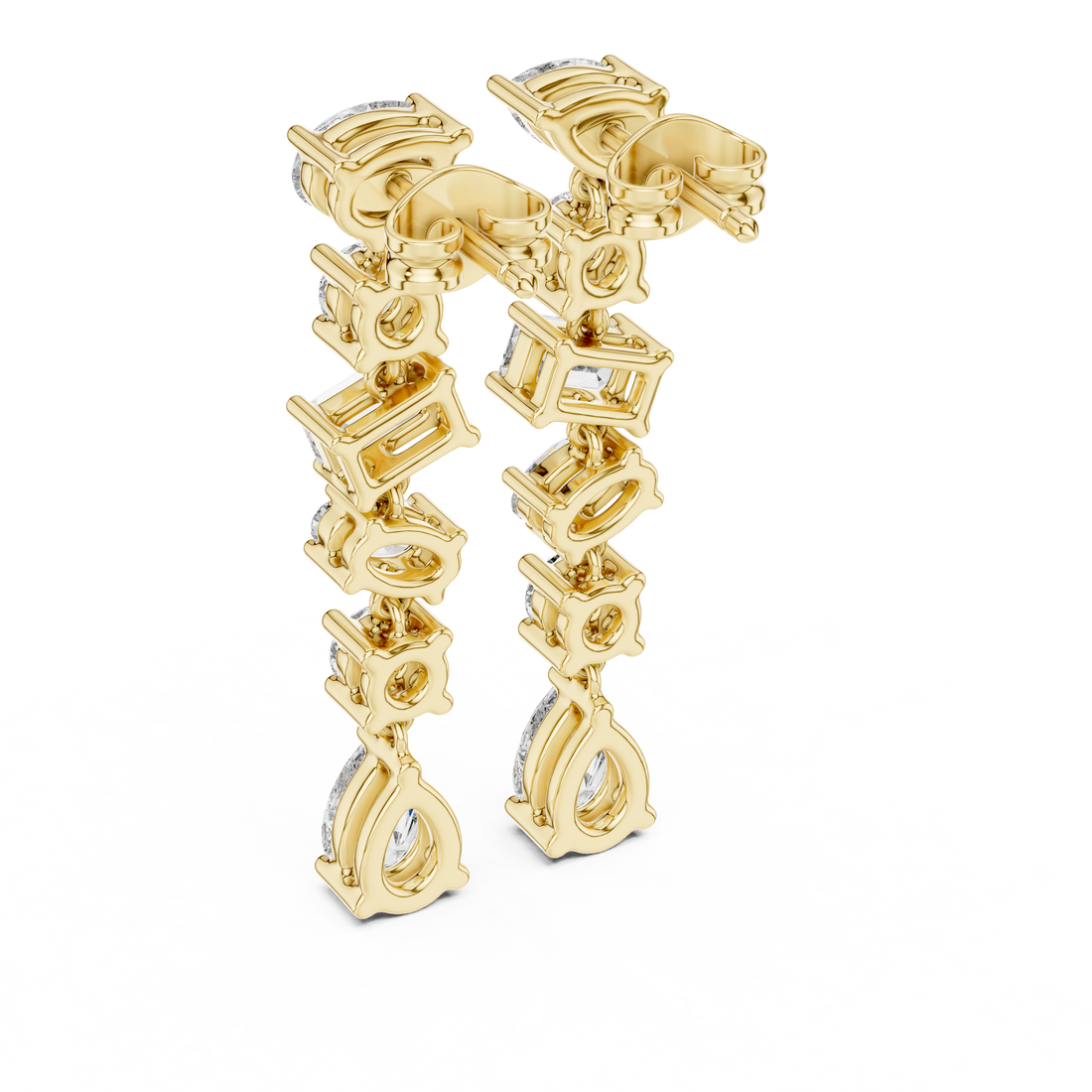 Mixed Cut Diamond Linear Drop Earrings with Pear Emerald and Round Stations