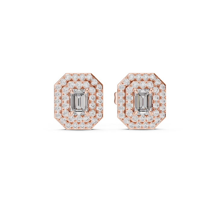 Emerald Cut Diamond Halo Octagonal Pavé Stud Earrings