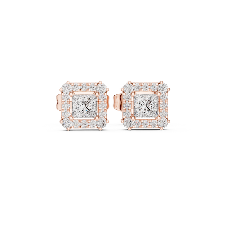 Princess Cut Diamond Square Halo Stud Earrings with Pavé Accents