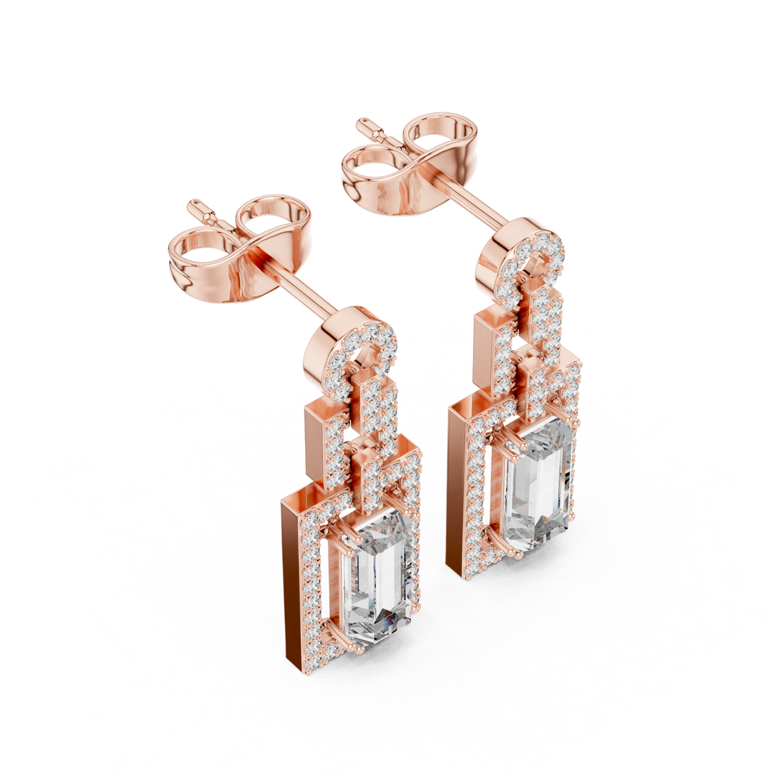 Emerald Cut Diamond Halo Geometric Drop Earrings with Pavé Accents