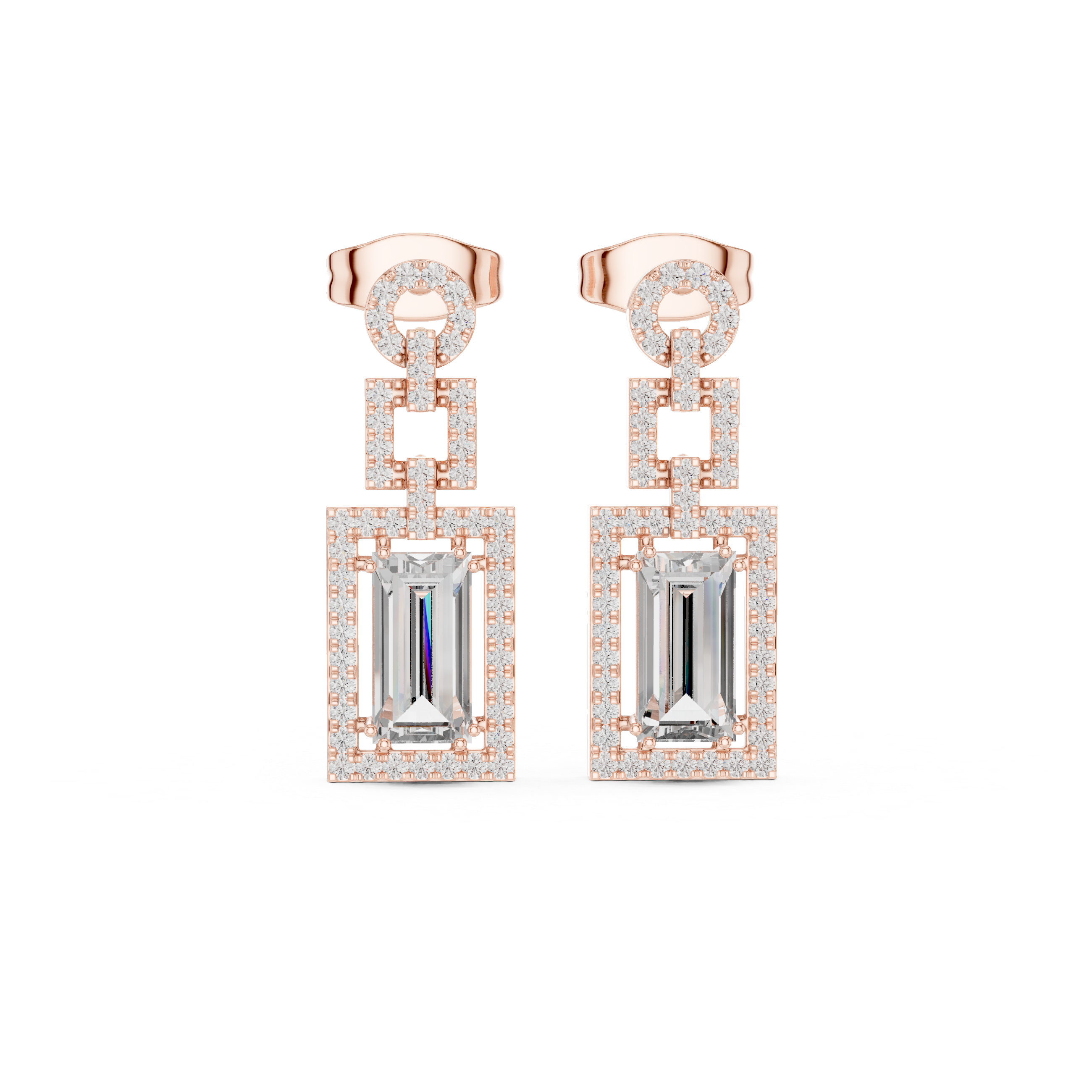 Emerald Cut Diamond Halo Geometric Drop Earrings with Pavé Accents