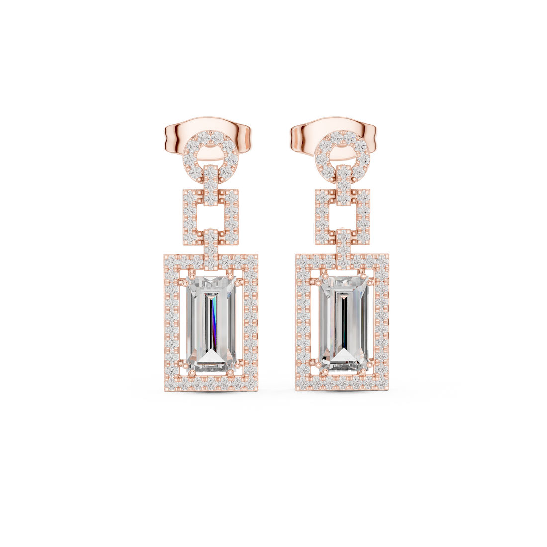 Emerald Cut Diamond Halo Geometric Drop Earrings with Pavé Accents