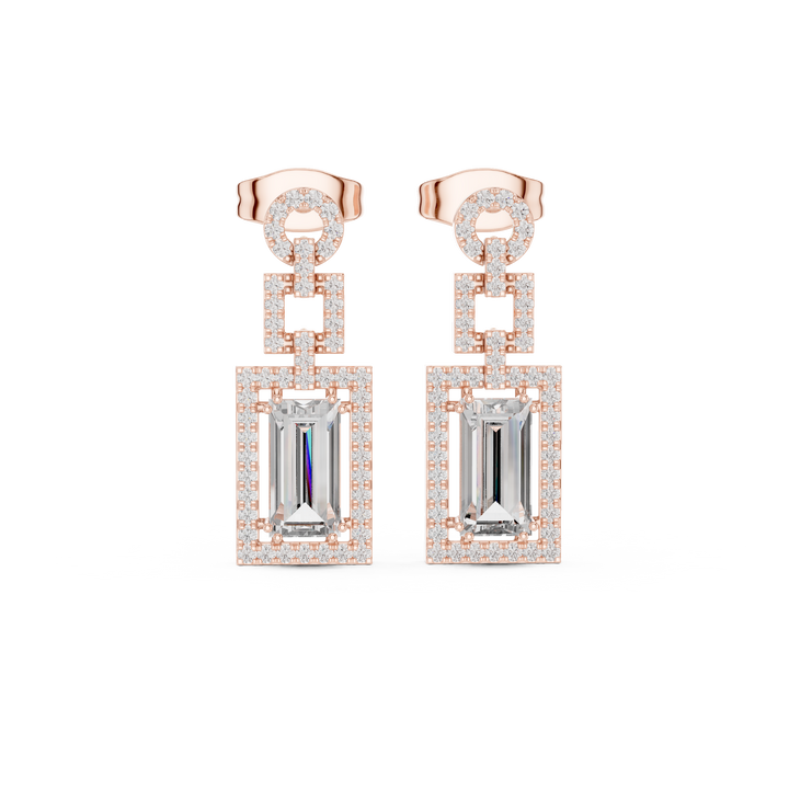 Emerald Cut Diamond Halo Geometric Drop Earrings with Pavé Accents