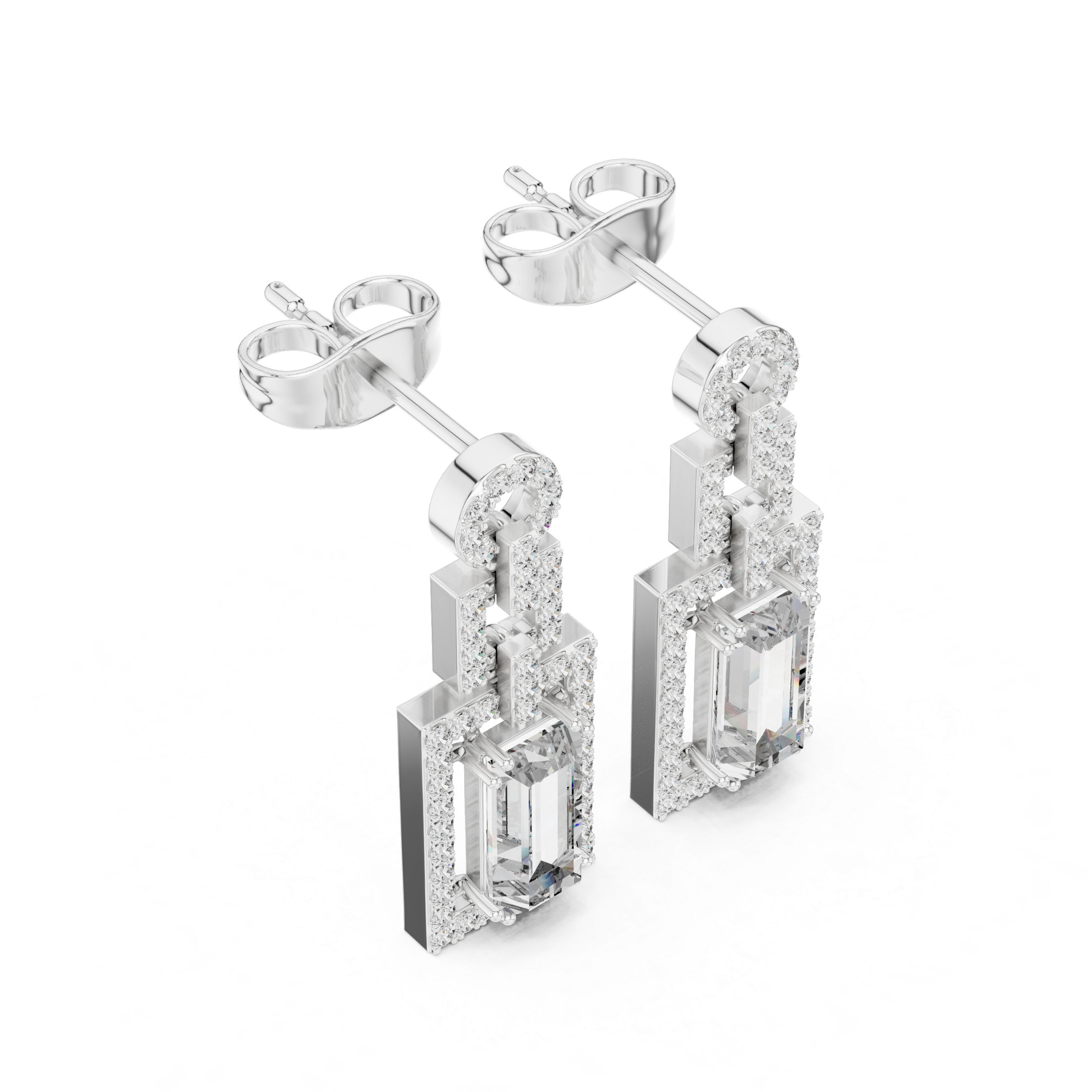 Emerald Cut Diamond Halo Geometric Drop Earrings with Pavé Accents