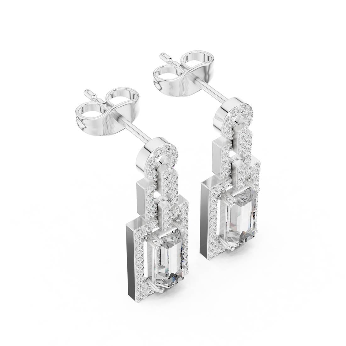 Emerald Cut Diamond Halo Geometric Drop Earrings with Pavé Accents