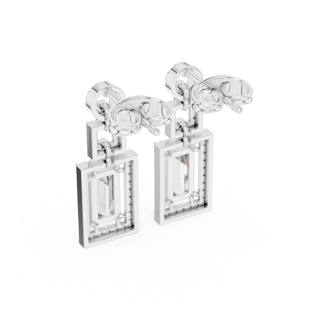 Emerald Cut Diamond Halo Geometric Drop Earrings with Pavé Accents